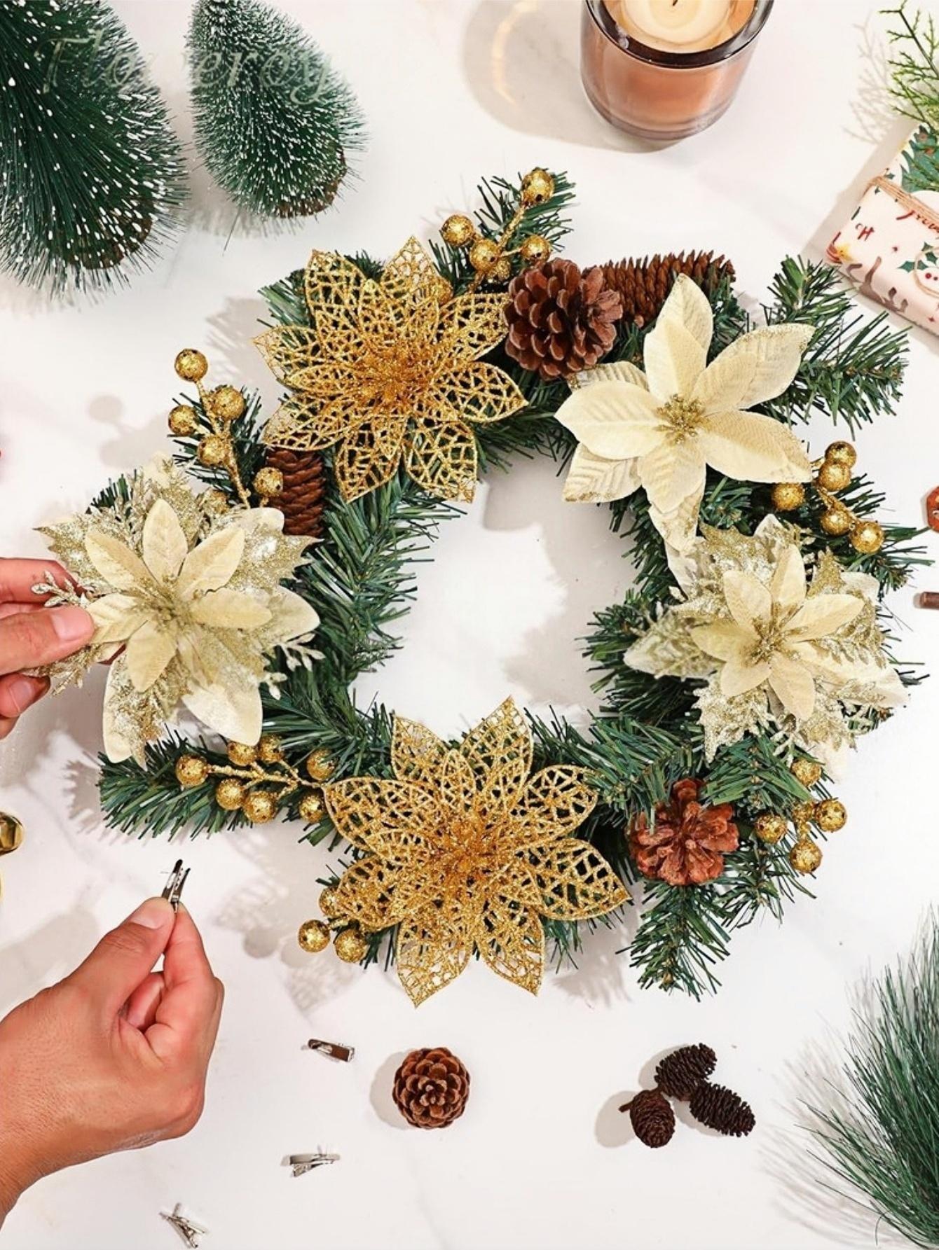 6-24Pcs 15cm Artificial Christmas Flowers with Clips Stems, Xmas Tree Ornaments Glitter Flower for Garland New Year Party Decor