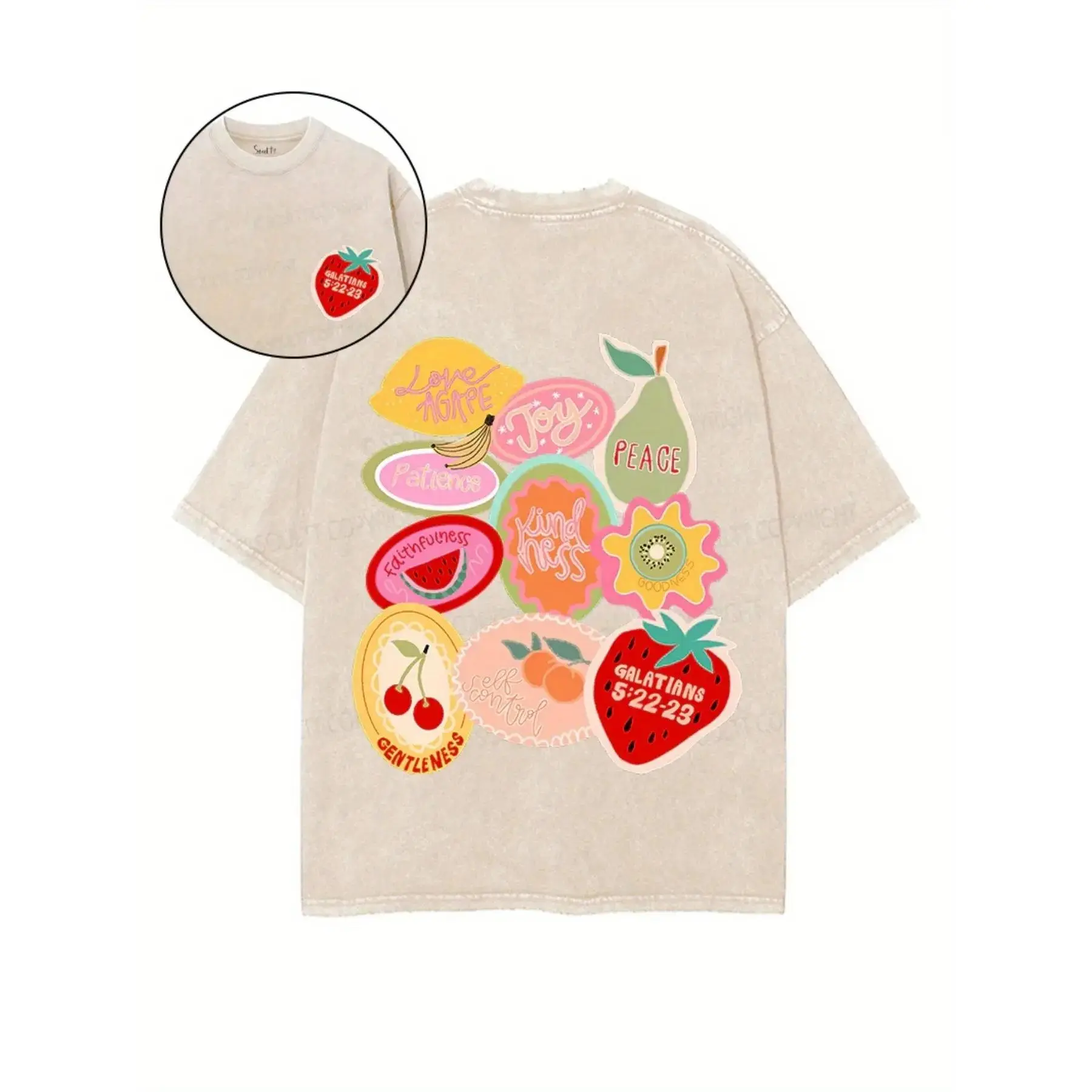 Men's 230G Washed Cotton Casual Round Neck Short-Sleeve Graphic Tee - Fruit Embroidery, Vintage Distressed Berry Print, Christmas Text, Figure-Flattering Streetwear Top, Machine Washable Holiday Gift for Fathers