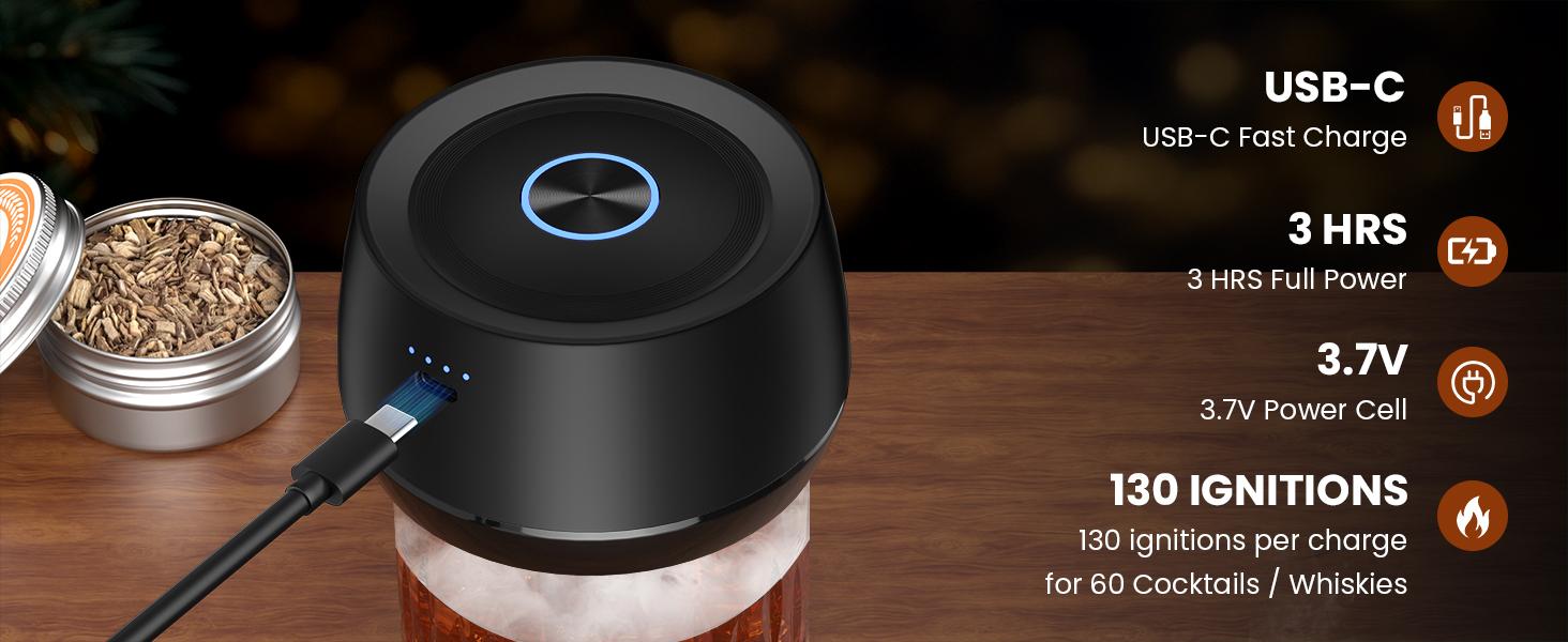 Electric Whiskey Smoker Kit: Rechargeable Cocktail Smoker for Old Fashioned & Bourbon Drinks with Built-in Lighter, No Butane Needed, 6 Wood Chips, Christmas Whiskey Gift for Men, Dad, Husband