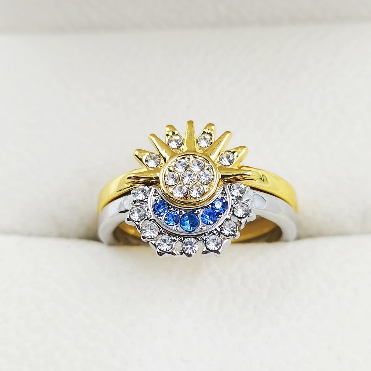 European American Simple Shiny Sun Moon Blue Inlaid Crystal Celestial Couple Stackable Ring Set