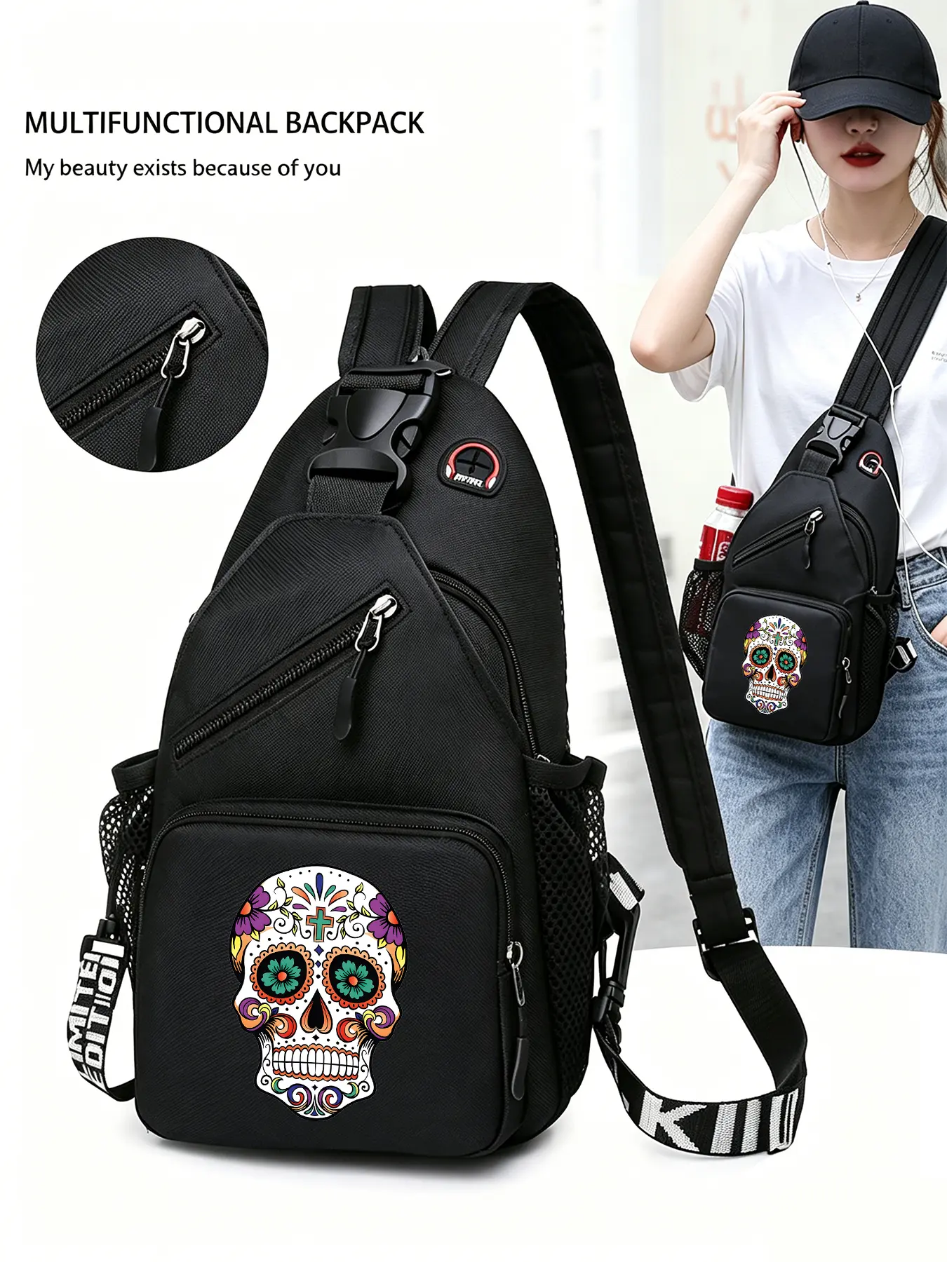Mexican Day of the Dead Skull Patterned Convertible Crossbody Bag/backpack, Crossbody Shoulder Handbag, Chest Bag with Convertible Shoulder Strap, Multiple Pockets, Suitable for Travel, Daily Commuting, Halloween Gifts