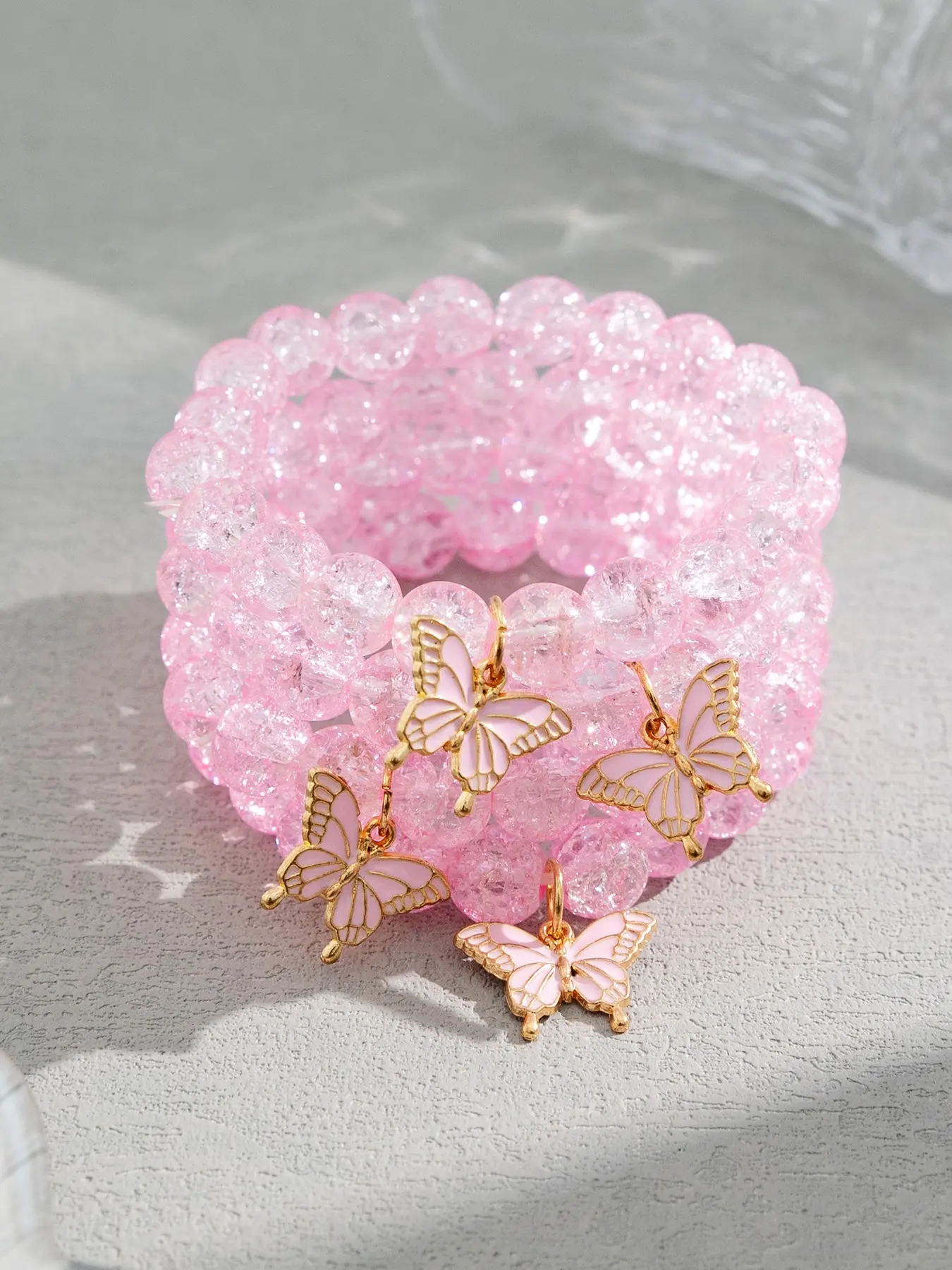 4pcs/set Coquette Y2K Butterfly Charm Beaded Bracelet Set Pastel Crackle Glass Crystal Stretch Stackable Bracelets
