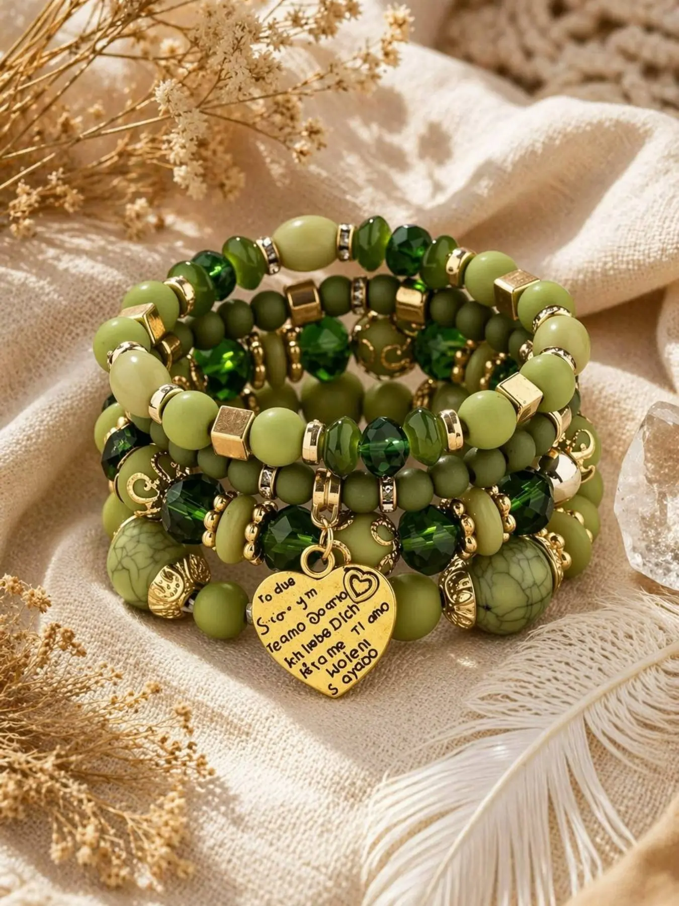 4Pcs Boho Stackable Beaded Bracelet Set Vintage Engraved Heart Charm Pendant Bracelets Fashion Women Trend Bead Jewelry Birthday Holiday Gift