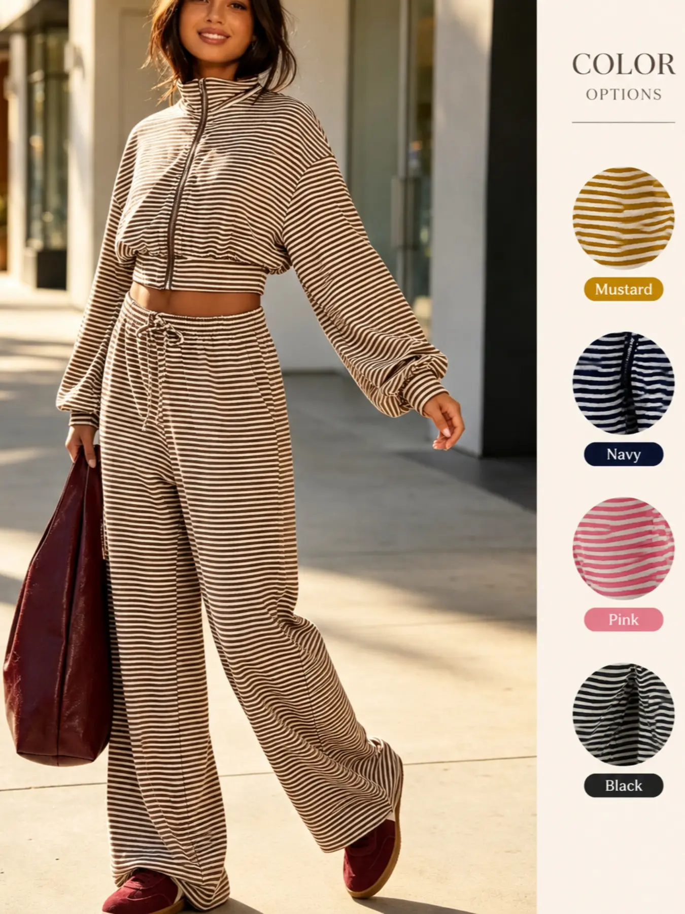 Women's Striped Long Pants Set, Soft Elastic Fabric, Short Zipper Jacket + High Waist Wide Leg Pants, Casual Fashion