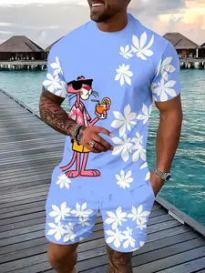 Men's 3D Cartoon Floral Print Suit, Two-piece Set including Crew Neck Short-sleeved T-shirt and Drawstring Shorts, Summer Casual Vacation Outfit.