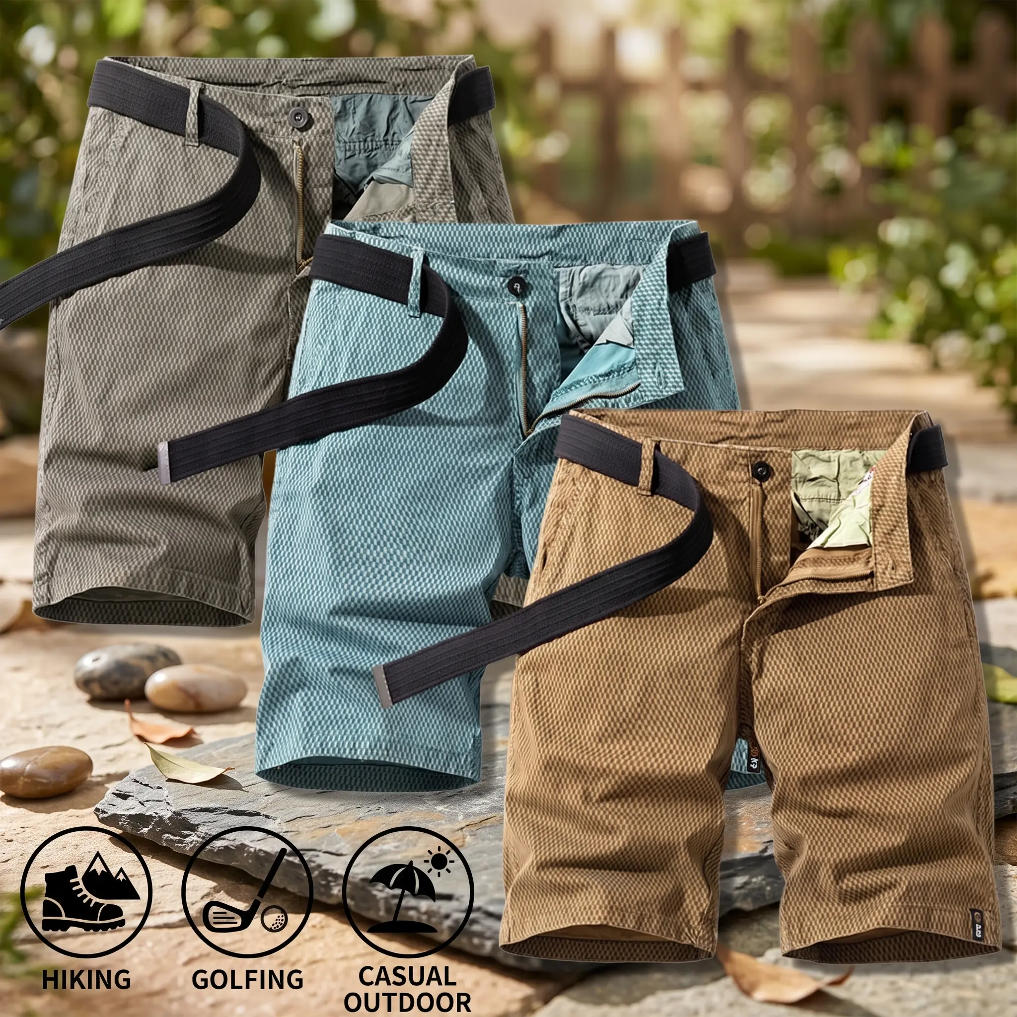 3-piece set of men's loose work shorts with phone pockets, casual shorts, uniforms, multi-purpose pockets, summer classic fit, ordinary work clothes,waffle straight-leg hawaiian beach neutral-colored men quick-dry sport short 1-piece lace up gym
