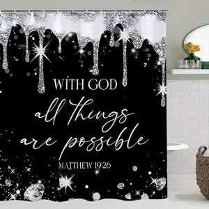 4PCS Religious Inspirational Shower Curtain Set, Bathroom Accessory, Bathroom Decoration Accessories, Home Goods, with God All Things Are Possible, Includes 12 Plastic Hooks, Non-Slip Mat, Toilet Lid Cover