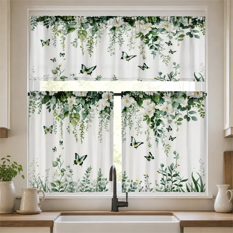 SoftHaven Home 3-Piece USA-Made Rod Pocket Small Window Curtains, Boho Vintage Green Butterfly Print & Floral Leaves, Premium Polyester Allergy-Safe Fabric, Kitchen Cafe Decor