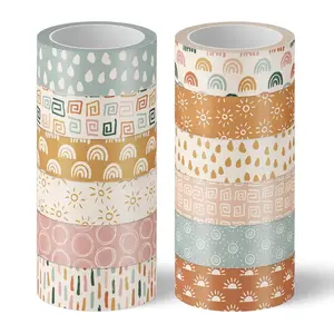12 Rolls Retro Boho Washi Tapes  Rainbow Sun Raindrop Washi Masking Tapes Doodle Hand-Drawn Decorative Adhesive Tape for Scrapbook Journal DIY Art Craft  Wrapping, 16.4Ft