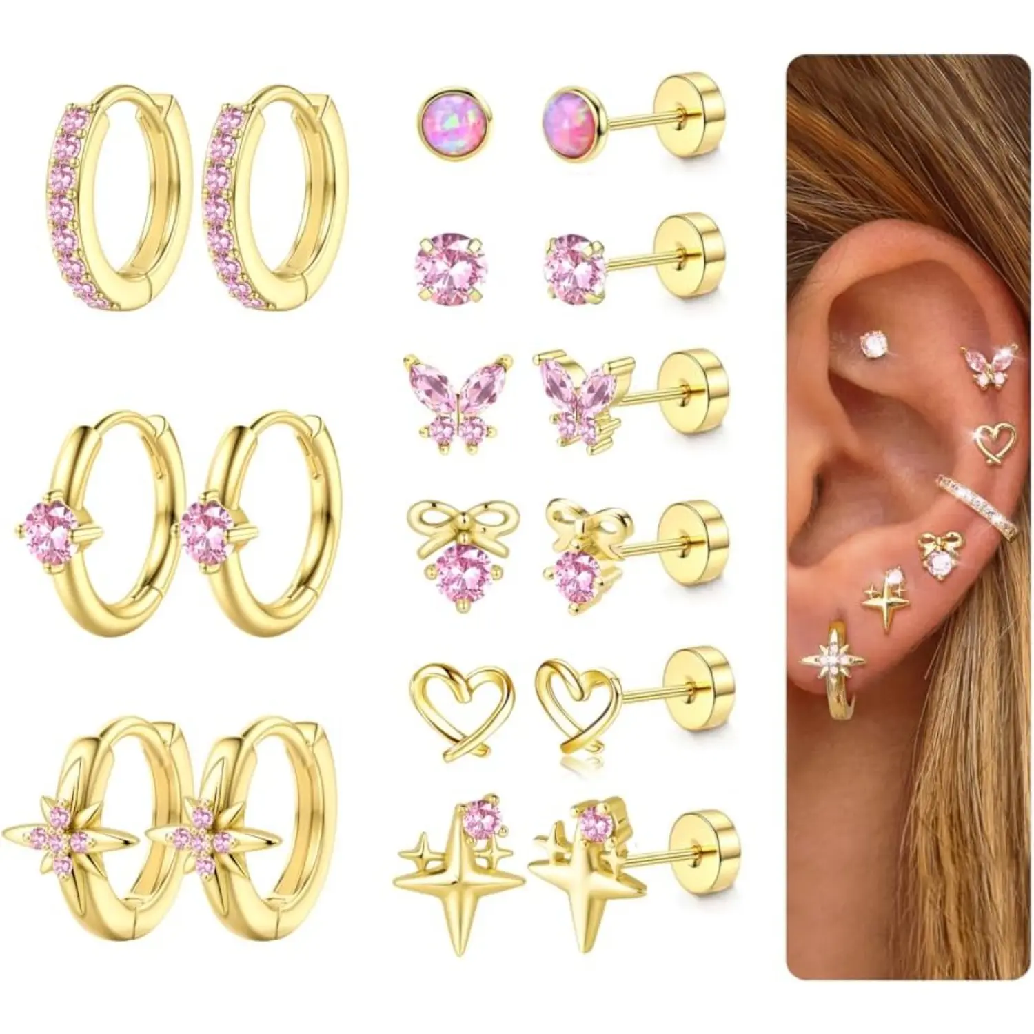 Jstyle Hypoallergenic Flat Back Earrings for Sensitive Ears Surgical Steel 14K Gold Plated Stainless Steel Stud Hoop Cartilage Earring Stacks for Women Men Multiple Piercing