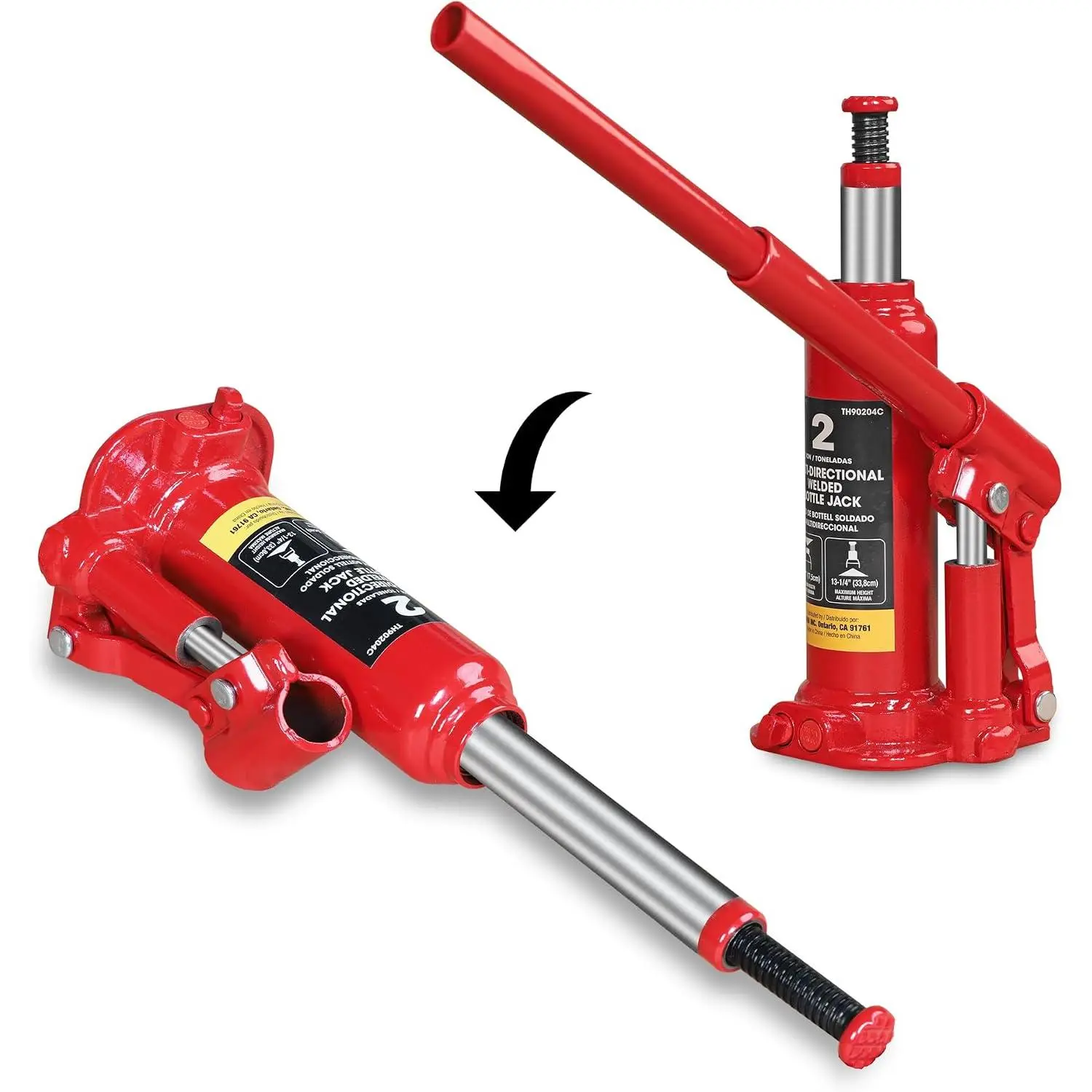T90203C Manual Automotive Welded Car Bottle Jack, 2-Ton (4000 LBs) Capacity, Vertical & Horizontal Usage for Vehicle Lifting, Red
