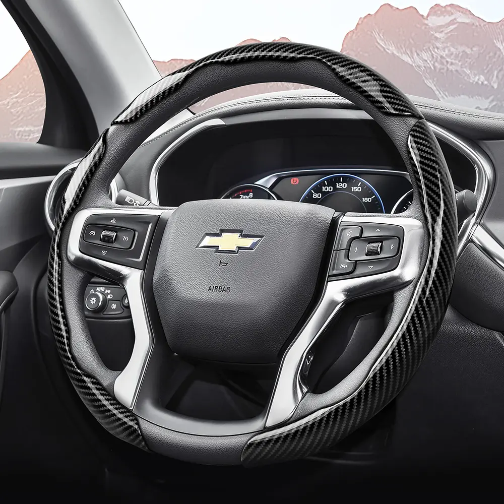 For Chevrolet Sporty Segmented Carbon Fiber Texture Snap-On Steering Wheel Cover Non-Slip Comfortable Grip Quick-Install Ultra-Thin New Design All-Season Use Fits Silverado/Equinox/Trax/Onix/Tahoe/Traverse/Trailblazer/Colorado/Tracker/Suburban/Onix Plus