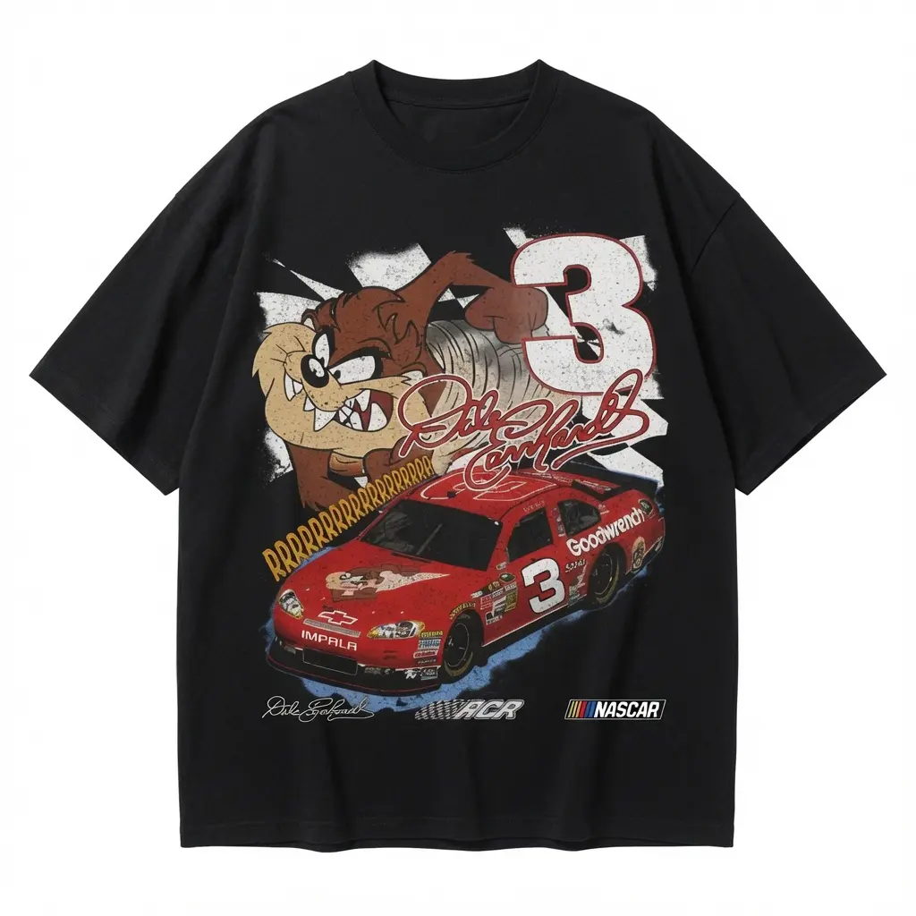 Oversized Graphic T-Shirt featuring the Taz x Dale Earnhardt #3 NASCAR Crossover, Casual Lightweight 100% Cotton Crew Neck Tee, Dale Earnhardt Collectors, Great Gift For Motorsport Enthusiasts, Loose-Fitting, Nascar Car, Relaxed, Resist Cracking And Fadin