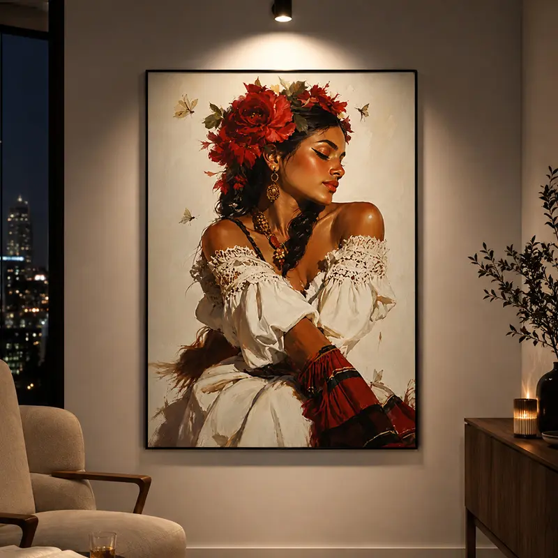 Mexican Floral Latina Portrait Wrapped Framed Canvas Print - Southwestern Rustic Mexicano Chicano Hispanic Art, Boho Vintage Vertical Poster, Romantic Home Decor (Bedroom, Living Room), Latina Gift