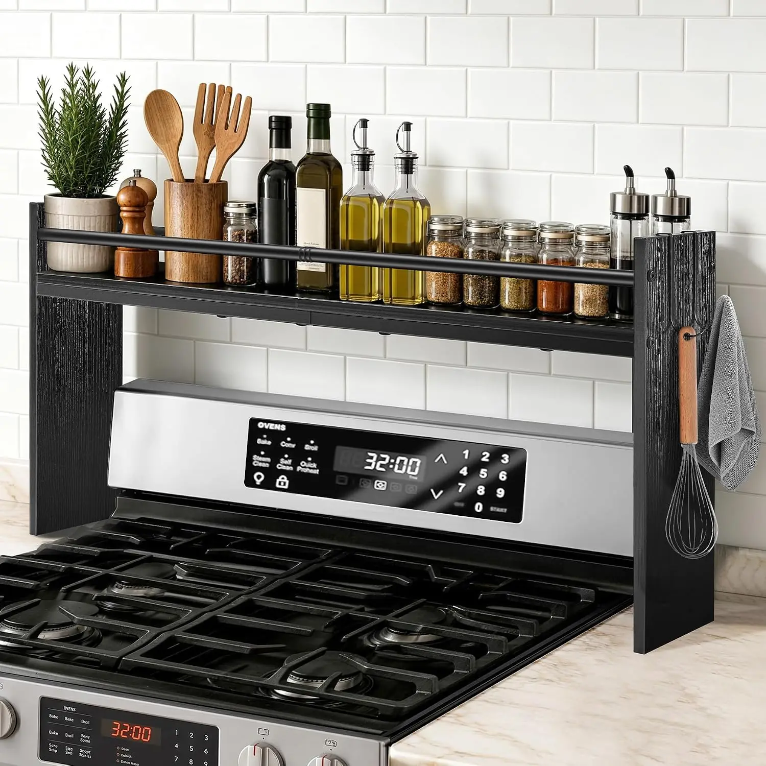 Rack Shelf for Kitchen Stove, Over The Stove Shelf with 4 Hooks,   & Metal Commbined  Rack Organizer Extra Storage Countertop (Black)