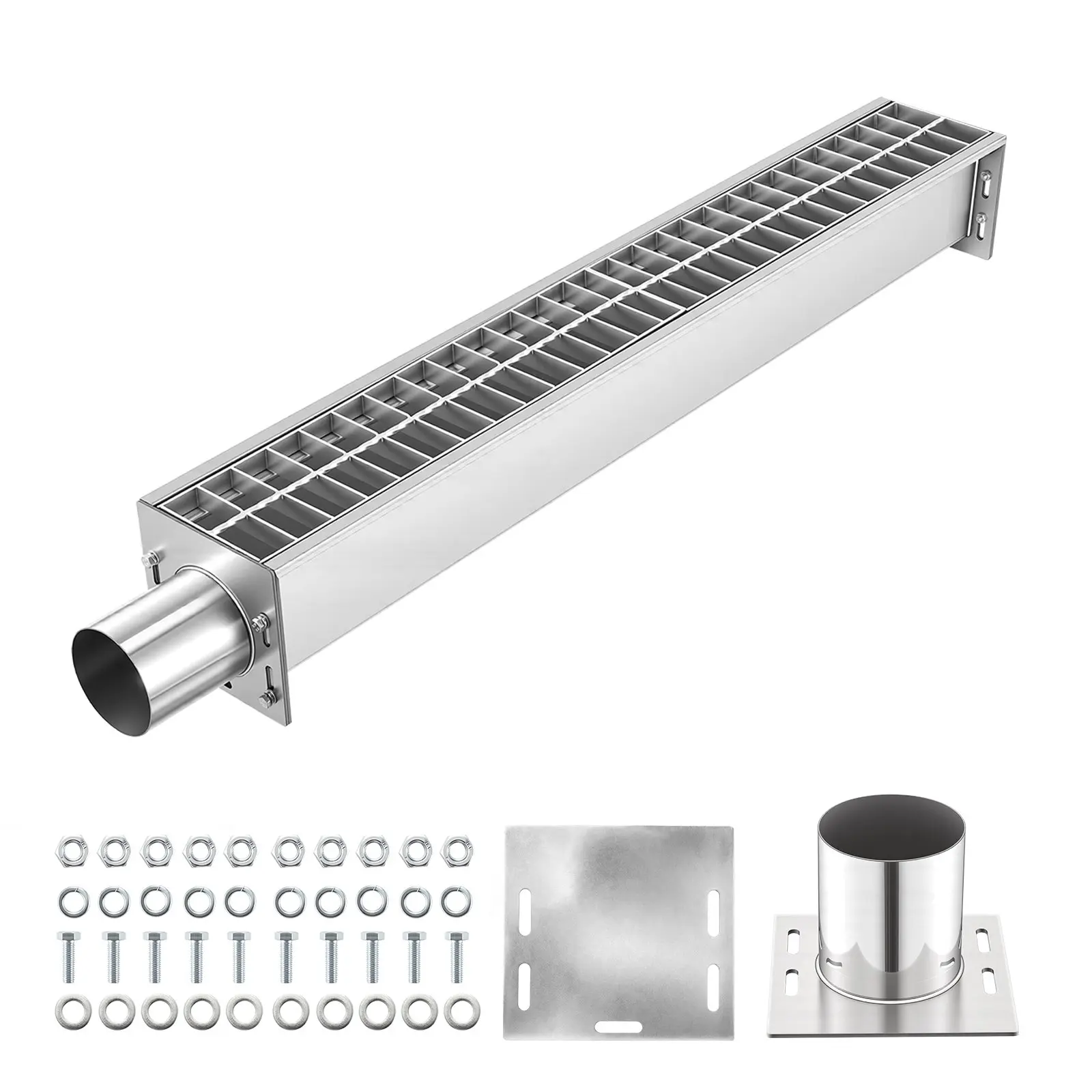 【DealsForYouDays】VEVOR Linear Trench Drain, 43.3x5.8x5.5in Clog-Free Carbon Steel Grate Drainage System, 304 Stainless Steel Channel for Concrete/Brick Driveway, Patio, High-Waterflow Outdoor Use, Silver, Diy Users