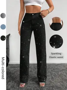 Women's Latest Rhinestone Denim Straight Leg Pants, Multiple Colors, Elastic Waist, Comfortable High-Waisted, Washed Long Jeans