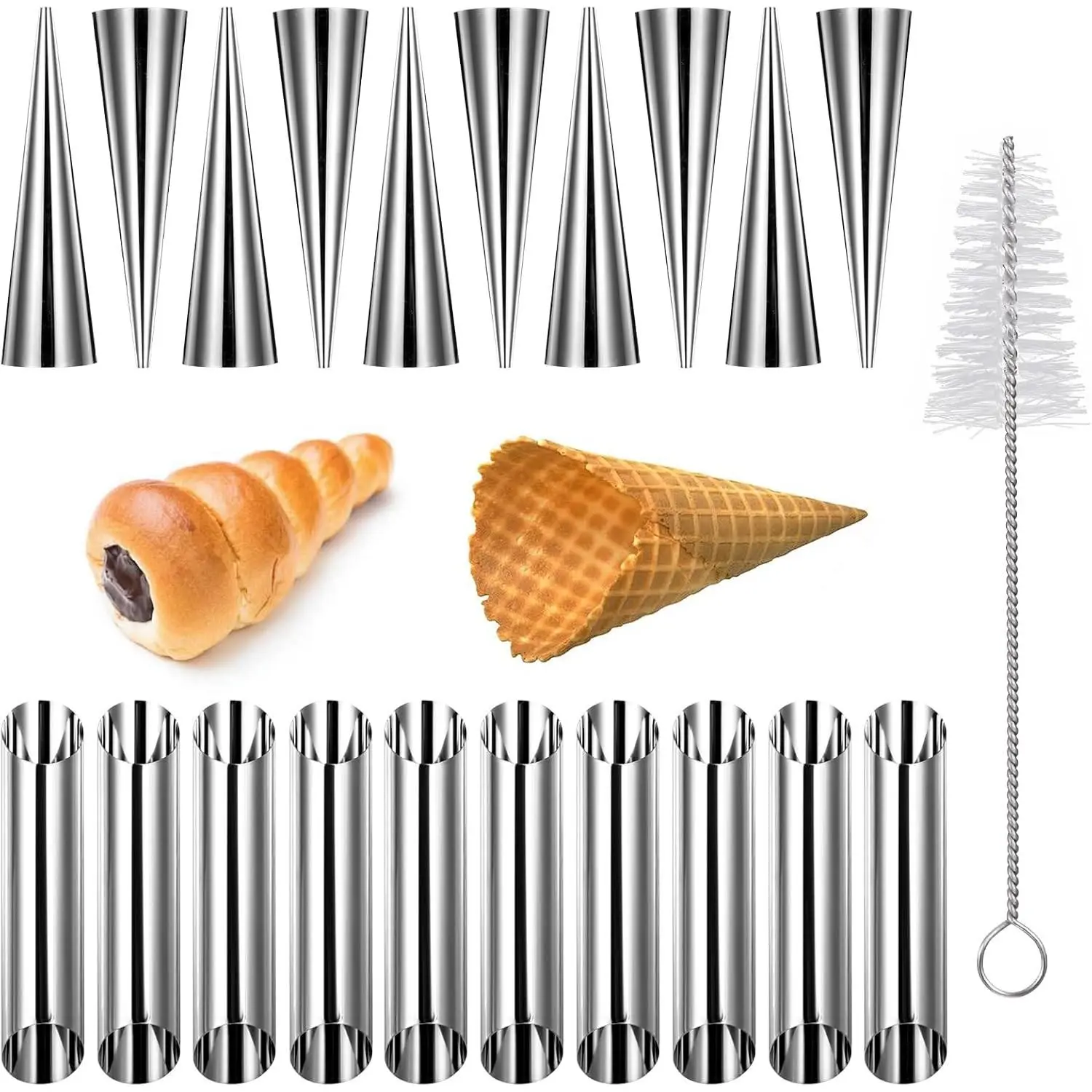 21 Pcs Cream Horn Mold Kit, Non-stick Stainless Steel Cream Horn Molds For Baking With Cleaning Brush, Cannoli Form Tubes Kit or Danish Pastry Lady Lock Forms Creams Roll Croissant