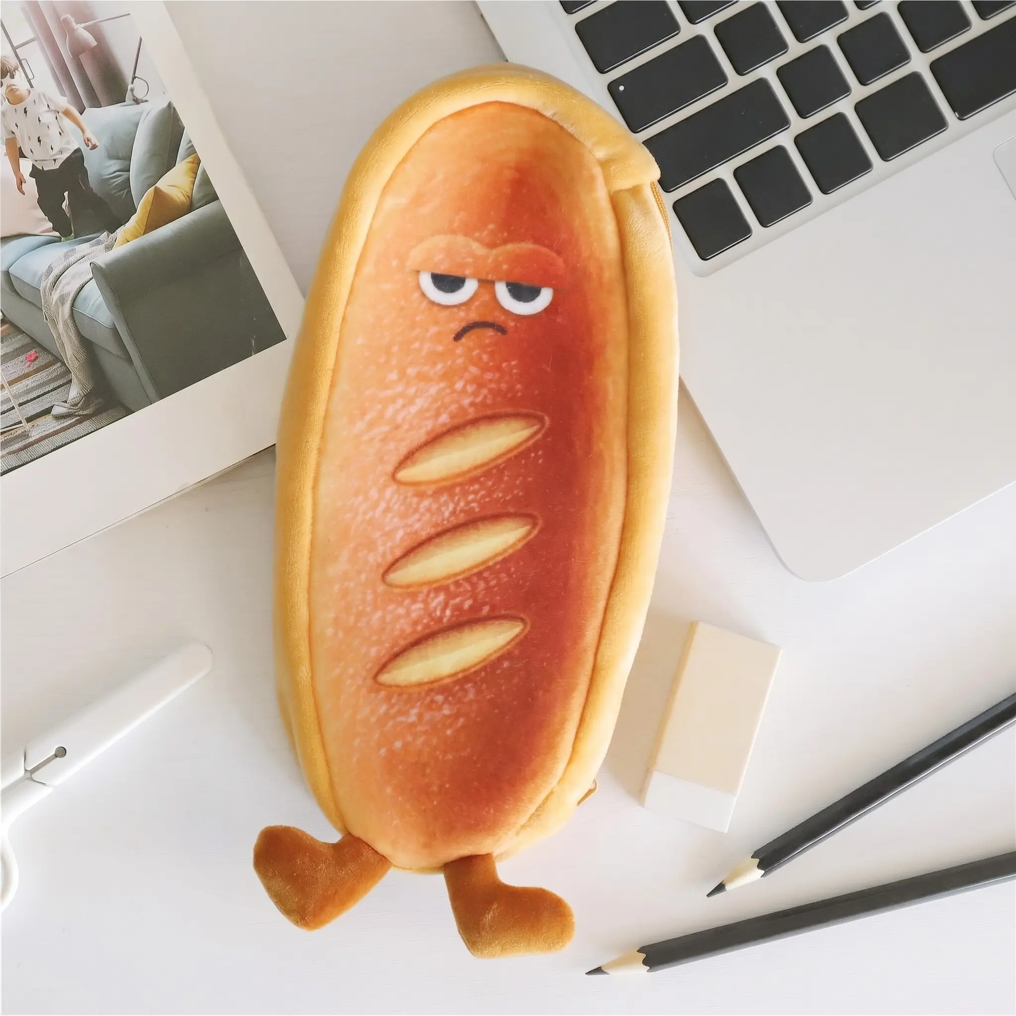 Novelty Grumpy Bread Pencil Pouch, Funny Sassy Face Design, Gift for College Students, Viral Study Finds, Desk Setup Accessory