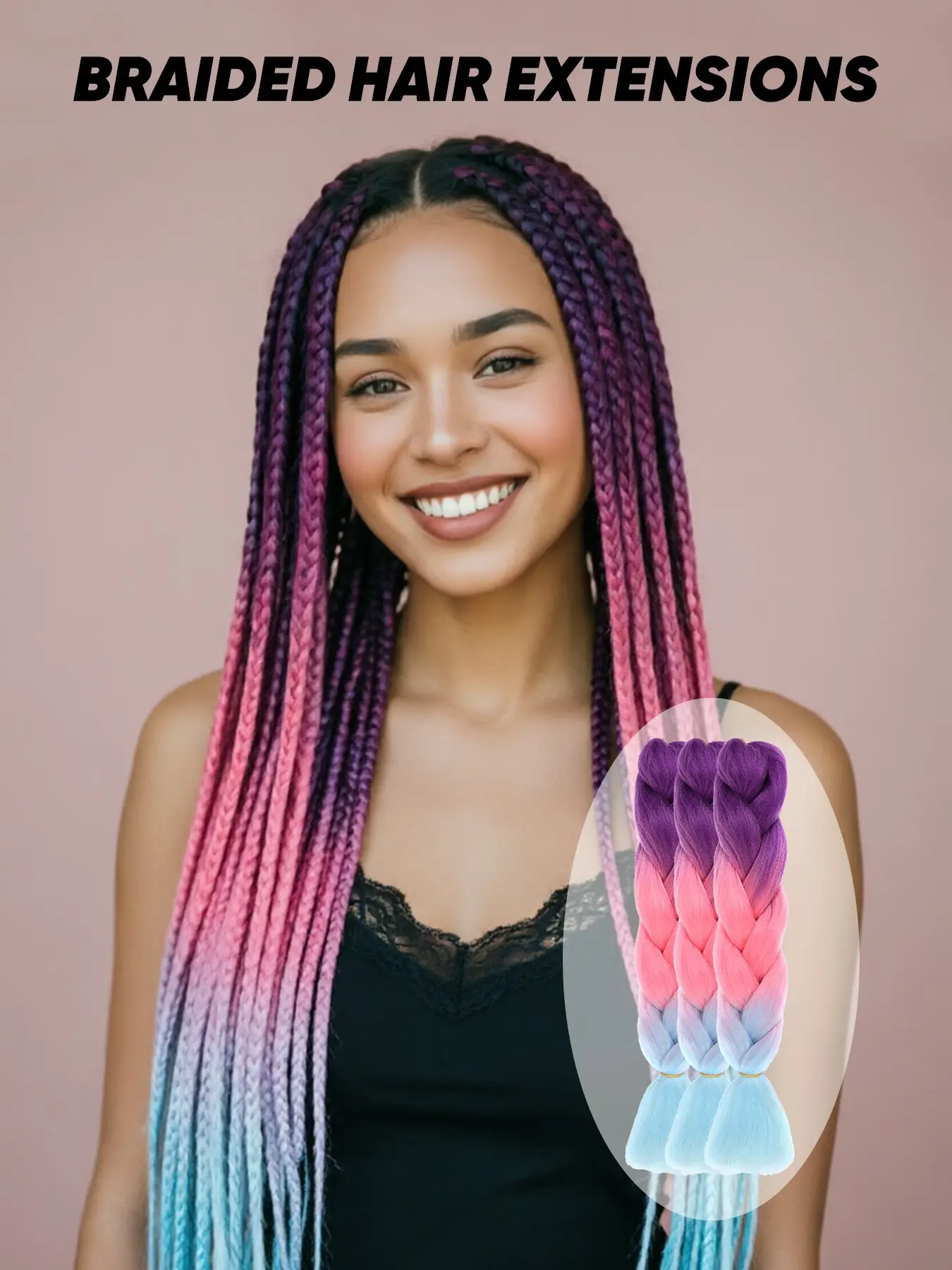 24-Inch High-Temperature Synthetic Ombré Braiding Hair (Pink-Blue-Purple Gradient) – Suitable for twists and crochet braids; ideal for daily wear, carnivals, Halloween, parties, and cosplay; 3-bundle pack.