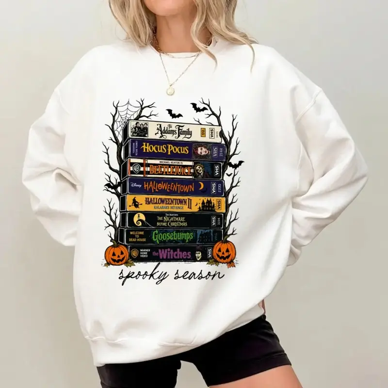 Women's Regular Fit Retro Vintage Halloween Fashion Apparel Sweatshirt, Horror Film Graphic Long Sleeve Pullover, Scary Movie Lover Crewneck, Halloween Gift