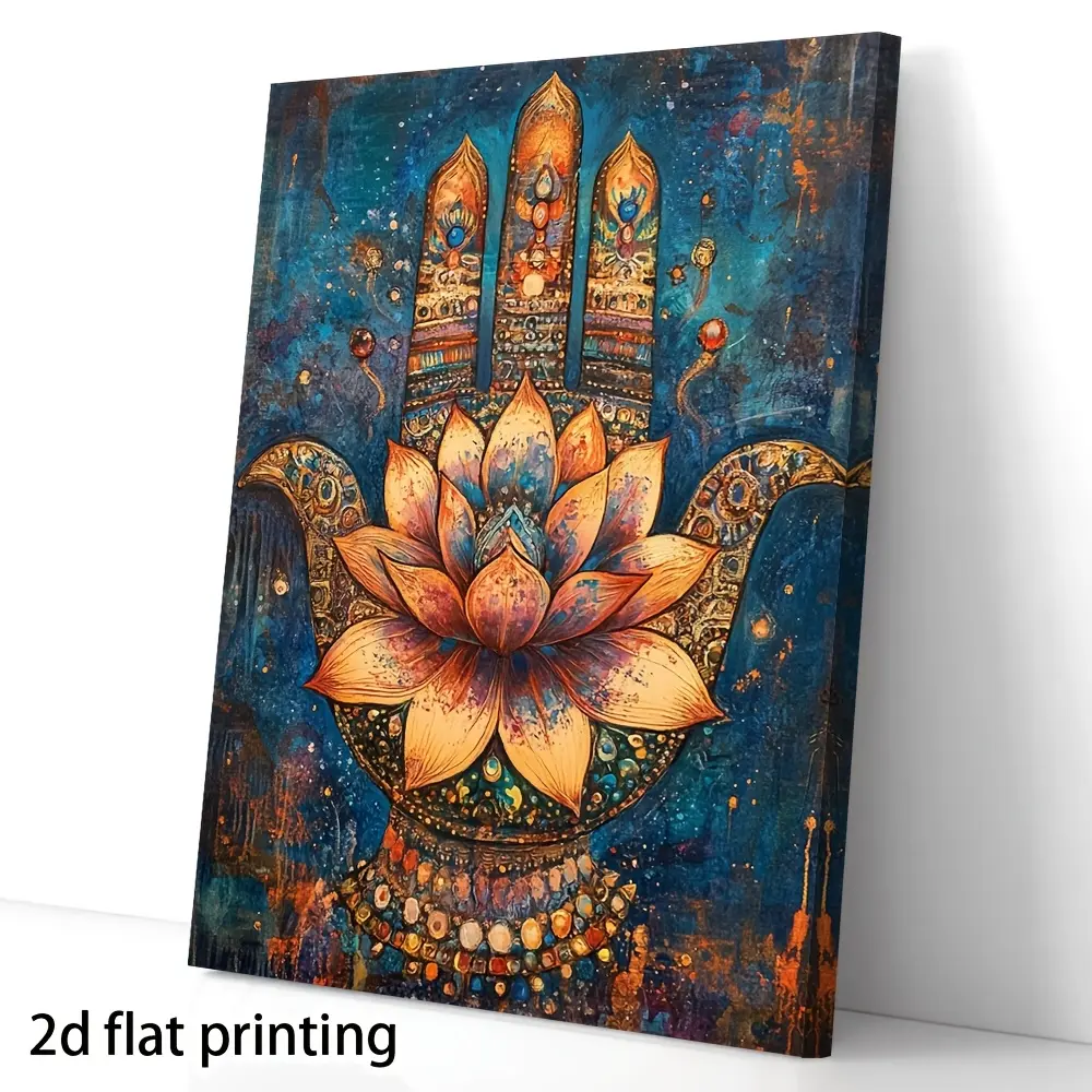 2D Flat, 1Pc Lotus Hamsa Hand Canvas Painting, Home Decoration Gift, Holiday Gift, Beautiful Home Gift, Suitable for Bedroom, Living Room, Bathroom and Kitchen Wall Decoration