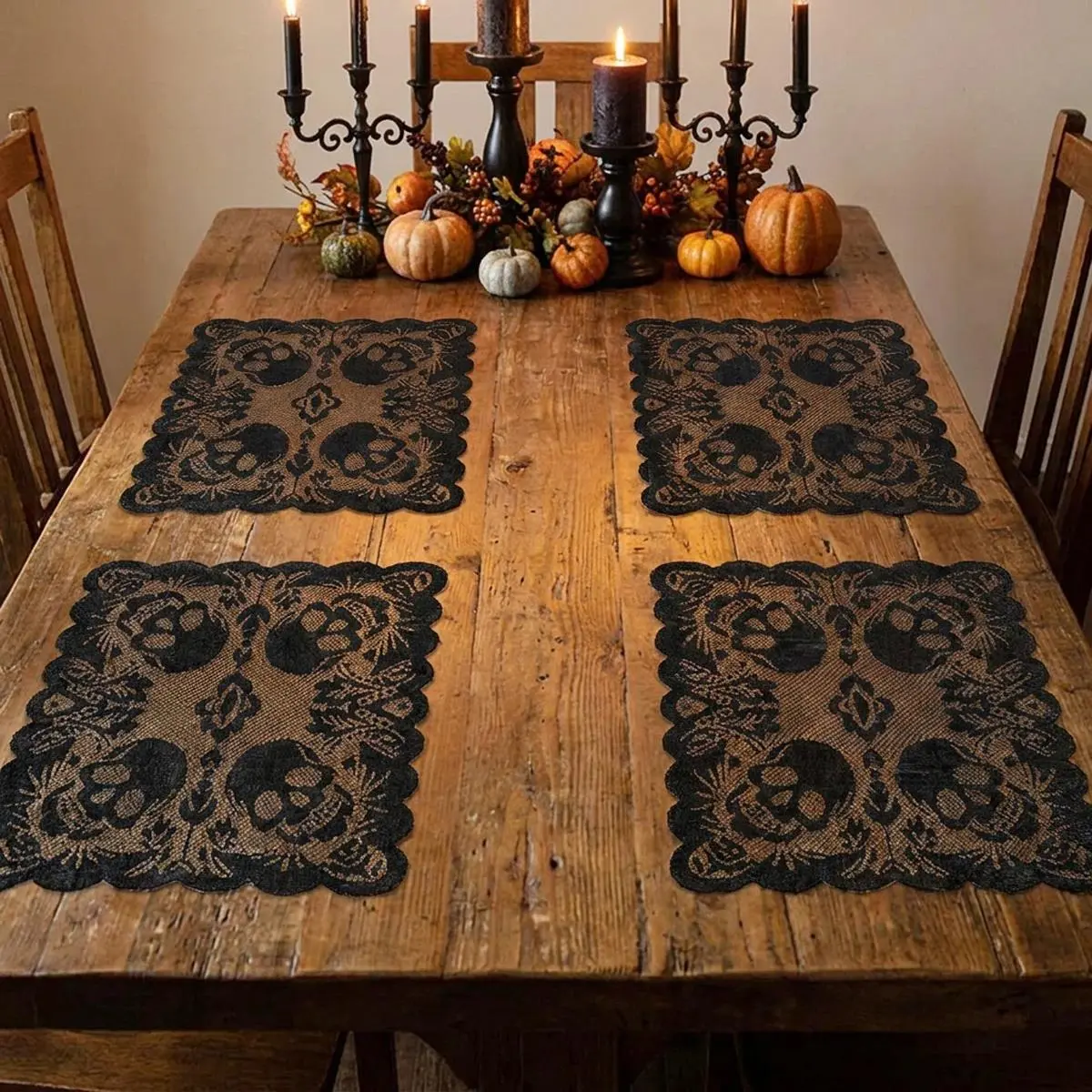 4-Pack Halloween Skull Lace Table Napkins, Gothic Black Decorative Cloth Napkins, Spooky Aesthetic Table Decor for Halloween Party, Dinner, Haunted House & Gothic Home Decor