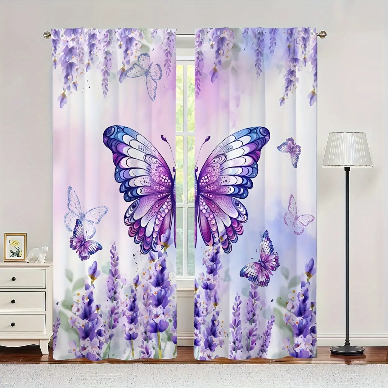 2 pieces of dreamy purple lavender print sheer curtains, with pocket design suitable living room, bedroom or office decoration, semi-transparent polyester with bright floral and patterns, living room curtains magnetic decorative textile accessory window d