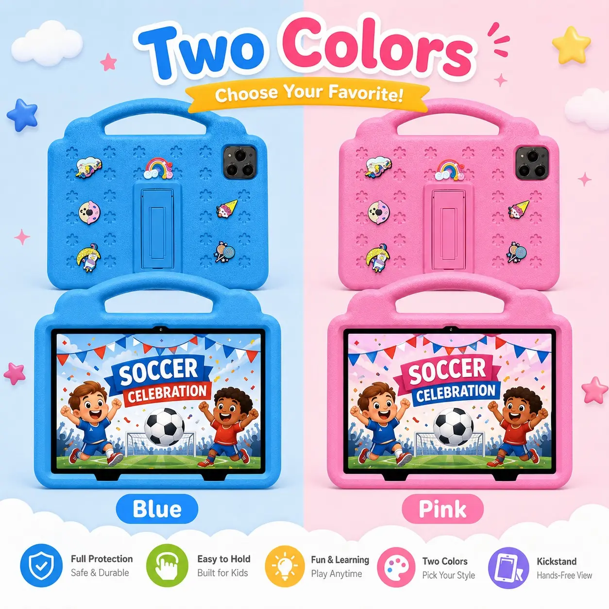 10.1 Inch Kids Tablet, 4GB RAM 64GB ROM, Android 12, Dual Camera, Kid-Proof Case with Handle, WiFi Learning Tablet for Toddlers