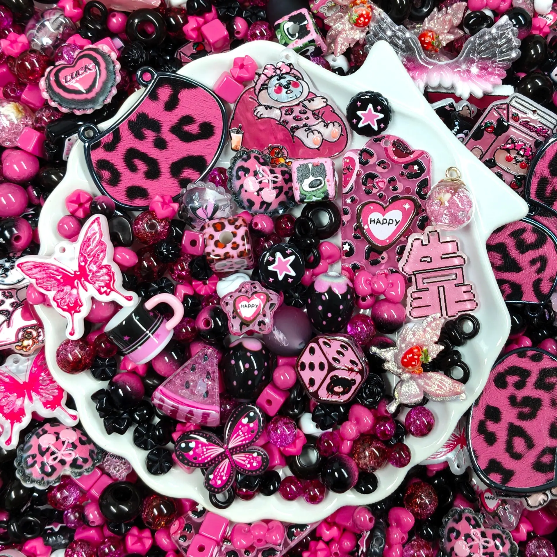 💗【NEW】Pink Leopard | Mixed Acrylic Charms & Beads Set For DIY Handmade Jewelry