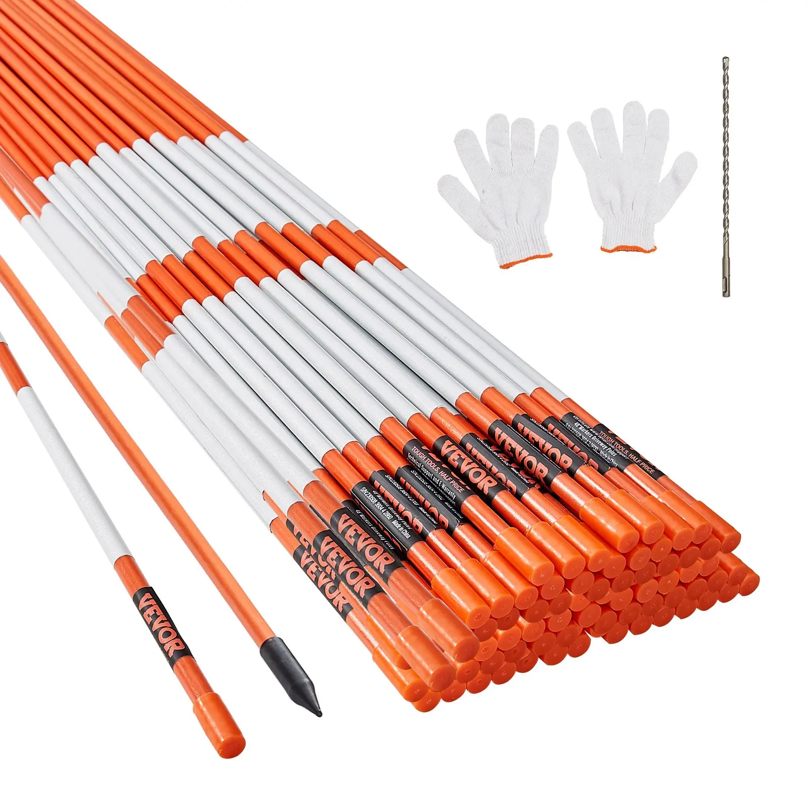 VEVOR Driveway Markers, 100 PCS 48 inch, 0.31 inch Diameter, Orange Fiberglass Poles Snow Stakes with Reflective Tape, 12" Steel Drill Bit Protection Gloves for Parking Lots, Walkways Easy Visibility
