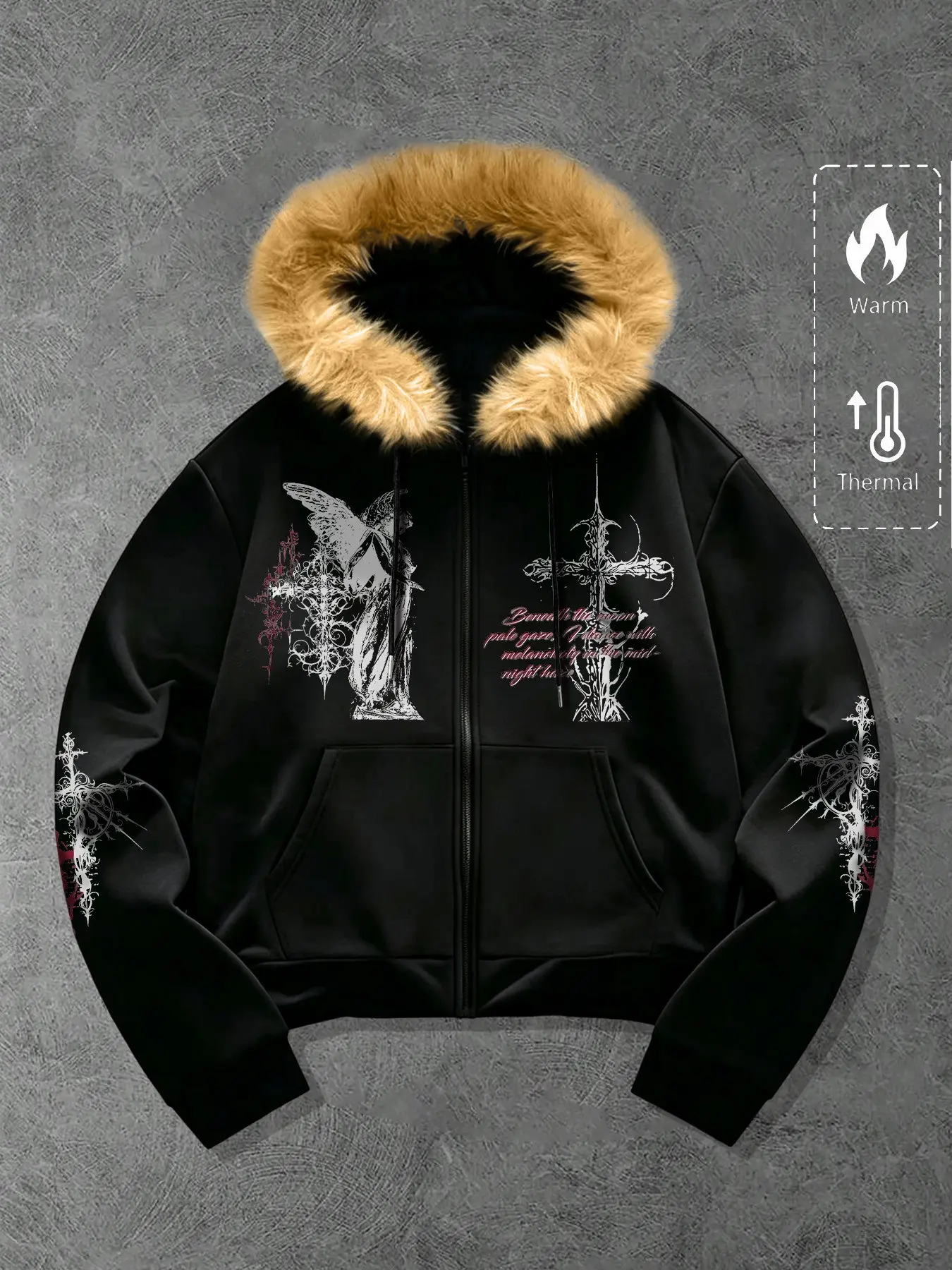 Men's Fall Winter Hooded Fur Collar Jacket with Pockets, Gothic Spiky Pattern, Streetwear Style, Casual Loose Fit, All Seasons Fashion, Menswear