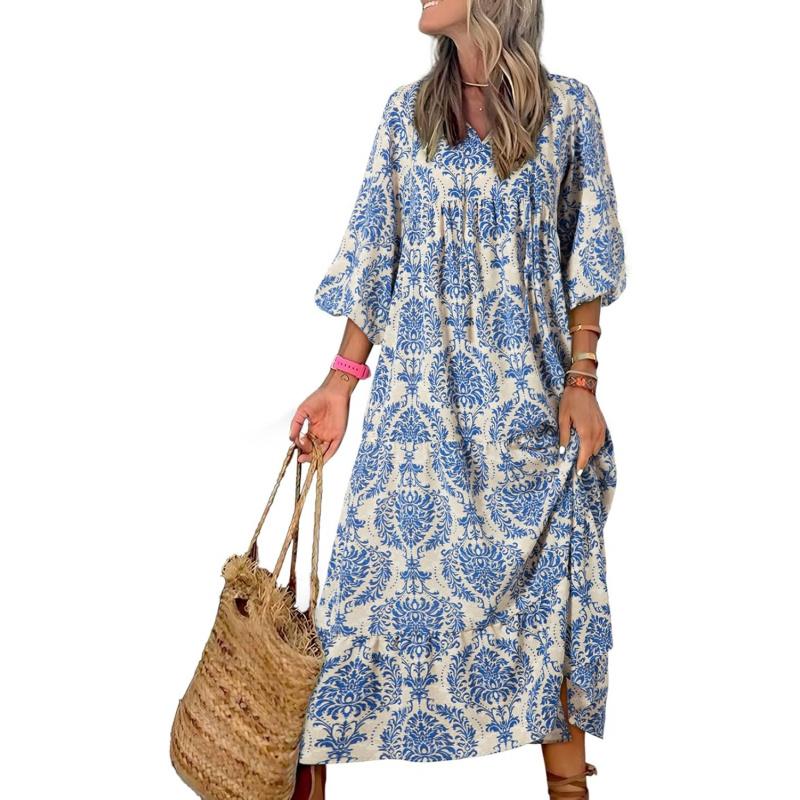 Women's Bohemian A-Line Maxi Dress 2026 - Lady's Casual Boho Outfit, V-Neck, Long Puff-Half Sleeves, Smocked, Ruffled, Flowy, Printed - for Daily Use, Dates - TikTok Shop Women's Bohemian A-Line Maxi Dress 2026 - Lady's Casual Boho Outfit, V-Neck, Long Puff-Half Sleeves, Smocked, Ruffled, Flowy, Printed - for Daily Use, Dates - TikTok Shop