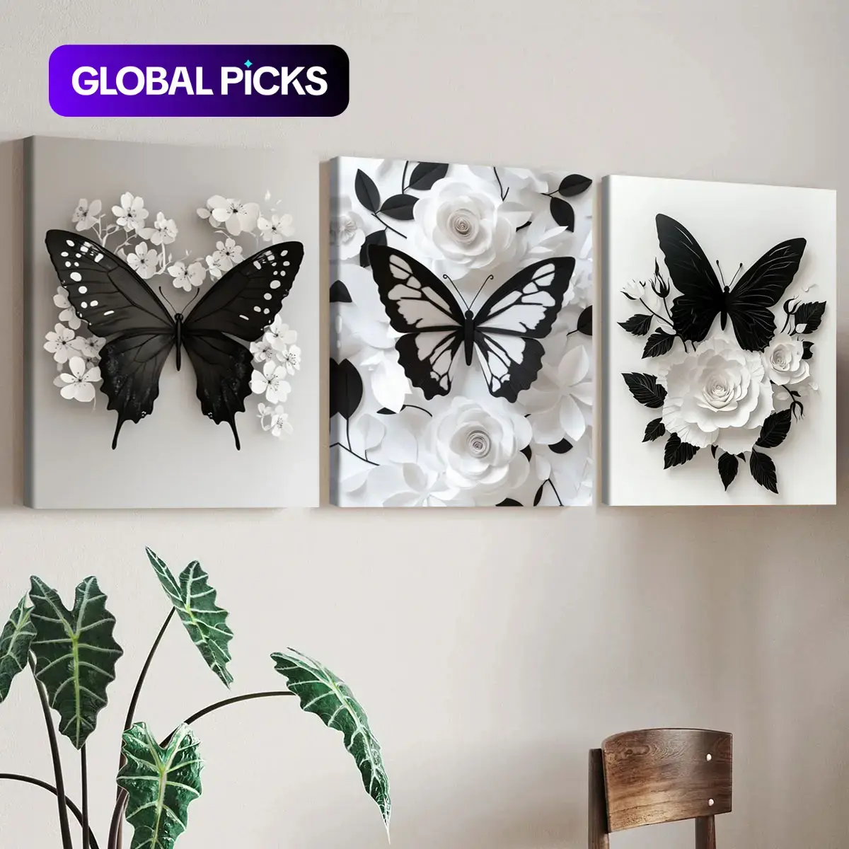 Butterfly & Flower Pattern Wall Art, Butterfly Floral Print, 3-Piece Set Wood-Framed Canvas Painting, Modern Wall Poster for Home, Living Room, Bedroom & Office Decor, Dopamine Decor Ornaments