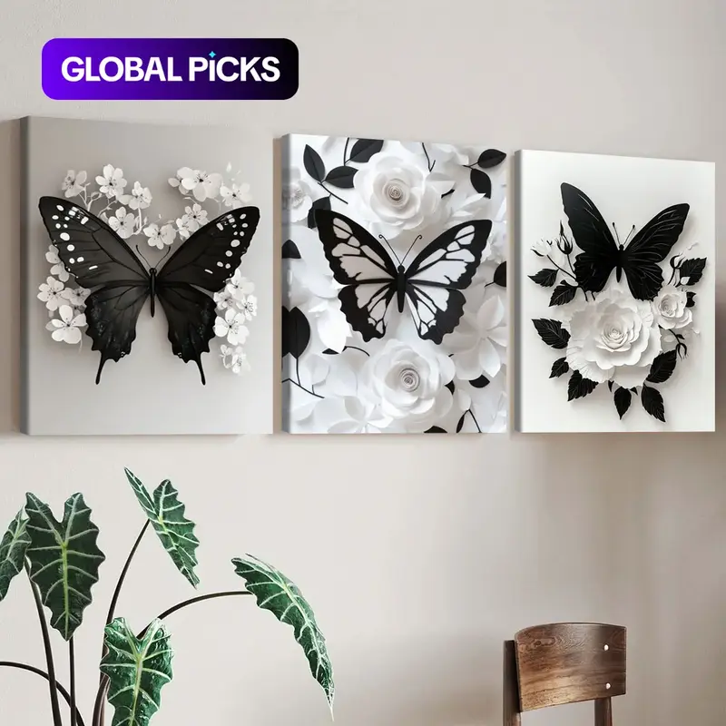Butterfly & Flower Pattern Wall Art, Butterfly Floral Print, 3-Piece Set Wood-Framed Canvas Painting, Modern Wall Poster for Home, Living Room, Bedroom & Office Decor, Artistic Indoor Decoration, Dopamine Decor Ornaments #GLOBAL PICKS