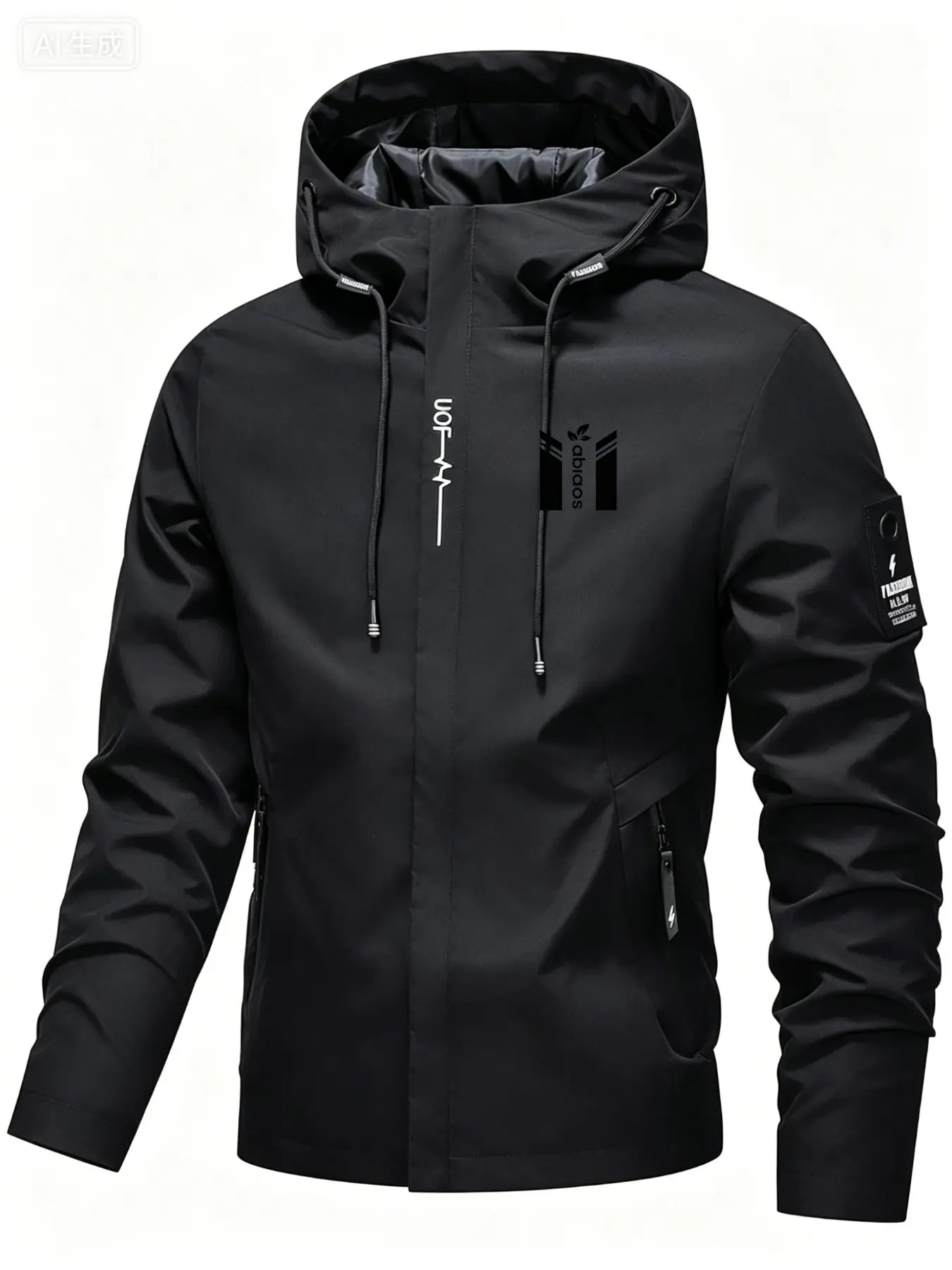 Logo Print Abiaos Windproof Waterproof Hardshell Jacket, High Stretch Breathable, Casual All Seasons Outerwear for Hiking School Work