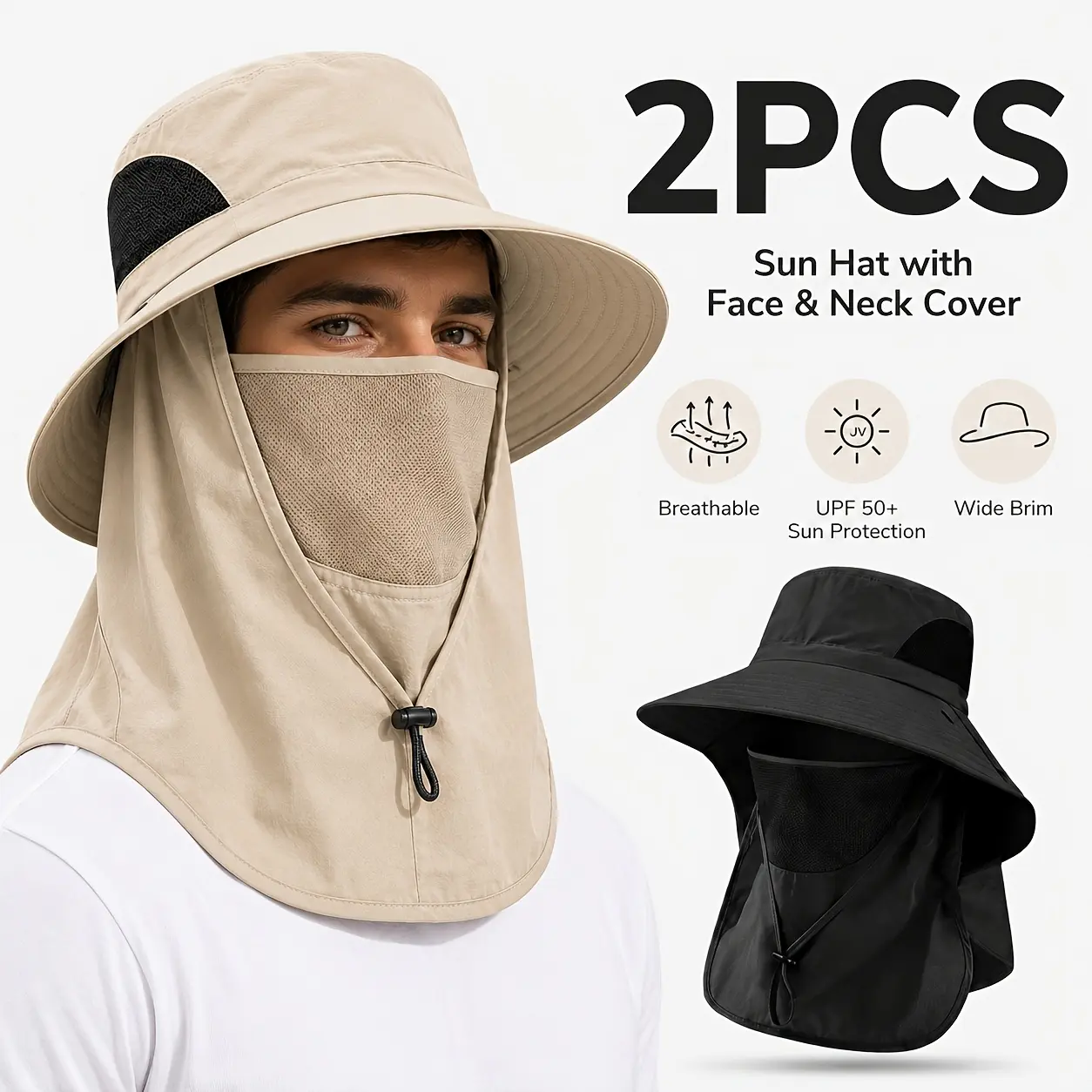 2pcs Outdoor Sun Hat with Removable Face Cover, Wide Brim Fishing Hat for Men And Women, Breathable Lightweight Hat with Neck Flap for Hiking, Gardening, Travel detachable guard summer fisherman