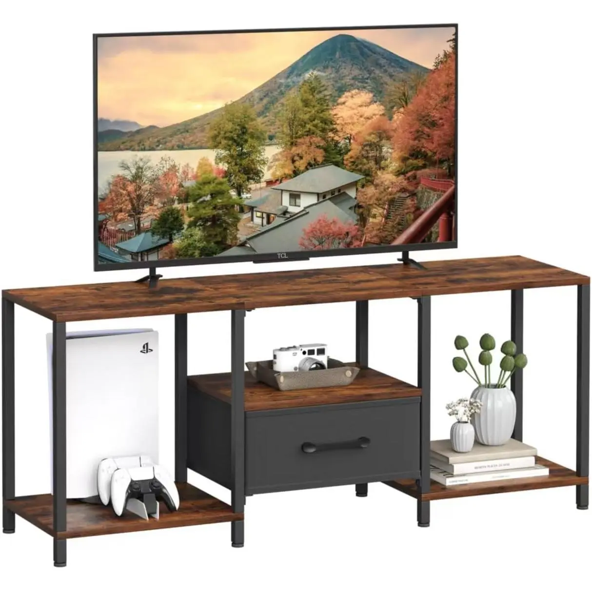 TV Stand with Fabric Drawer Fits 55 Inch TV, Entertainment Center with Open Storage Shelves, Modern Media Console Table for Living Room Bedroom Home Use, Retro Brown