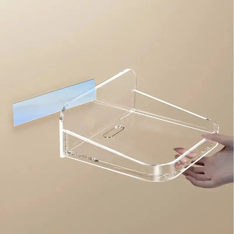 Transparent Acrylic Floating Shelf Wall Mounted Camera Stand with Adhesive Backing, Cable Management Storage Rack for Indoor Outdoor Monitoring Device Router Baby Monitor, Stylish Space Saving Home Organizer Gift for Women Family Friends