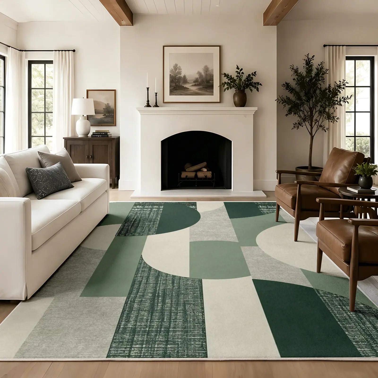 Modern Structural Area Rug, Cream Base with Vertical Green Textured Panels and Overlapping Semi-Circles, Non-Slip Washable Carpet, Soft Durable Floor Mat, Aesthetic Rugs for Living Room Bedroom Home Decor, 8 x 10 ft Area Rugs