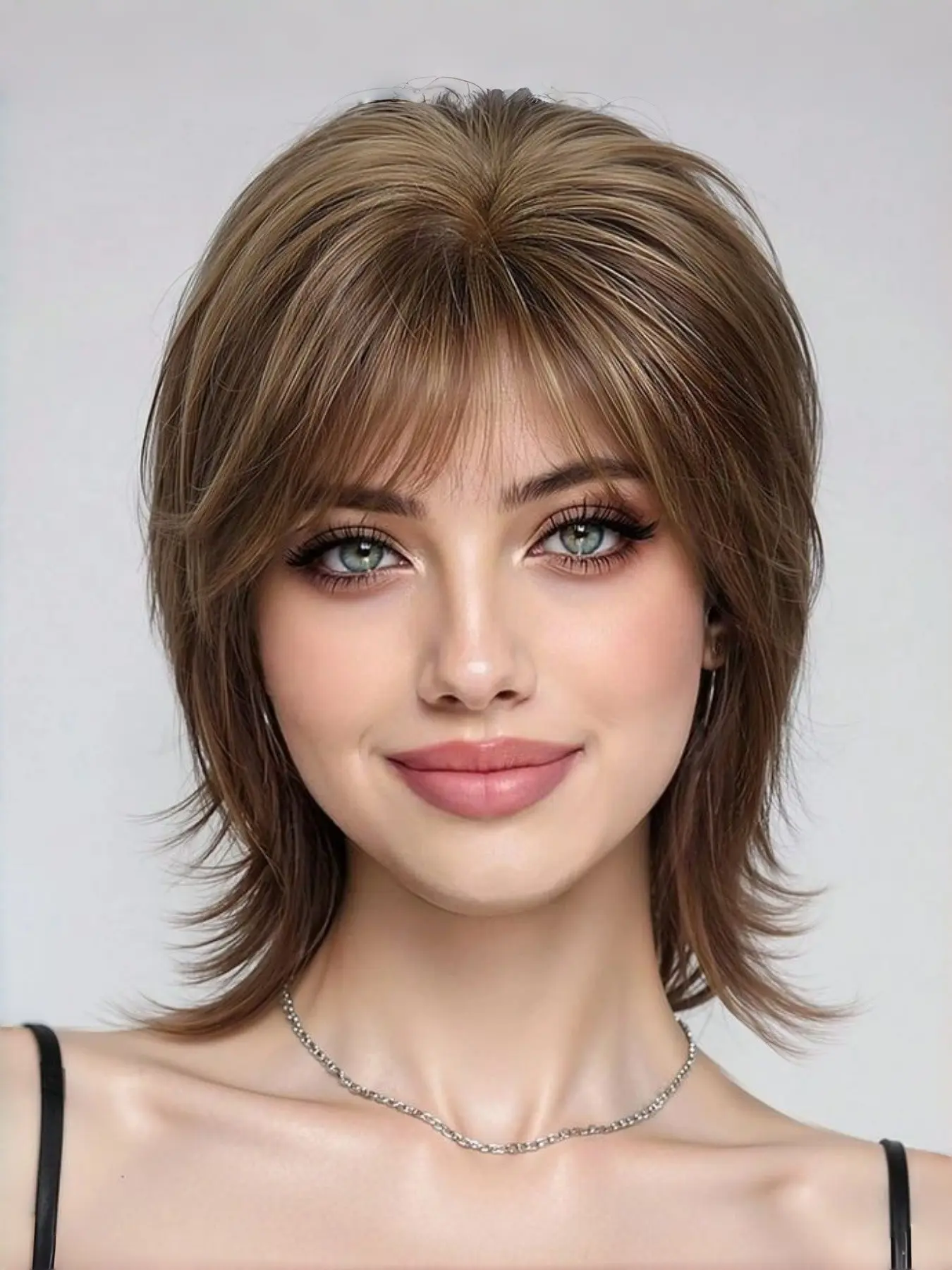 BrownMullet Short Wig with Bangs, Synthetic Fluffy Layered Wolf Cut Wig for Women, Daily Cosplay Wig, All Seasons Straight Hair, Fashion Fluffy Wigs