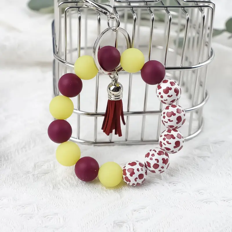 Night Glow Fun Beaded Keychain, Cool Keychains, Key Ring, Leopard Print Beads with Fluorescent Beads, Glow In The Dark, Hand Circle Design, Hangs Bag Keys, Fashionable Gift, Key Charms