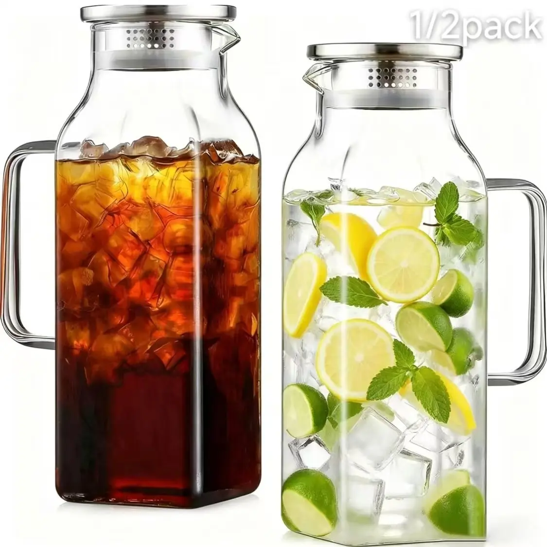 Square Borosilicate Glass Pitcher with Glass Handle, Heatproof Stovetop & Dishwasher Safe Jug with Spout & Stainless Steel Filter Lid, BPA-Free Glassware, Transparent Fridge Storage for Hot & Cold Drinks, Perfect for Tea, Juice, Home Kitchen & Party Use