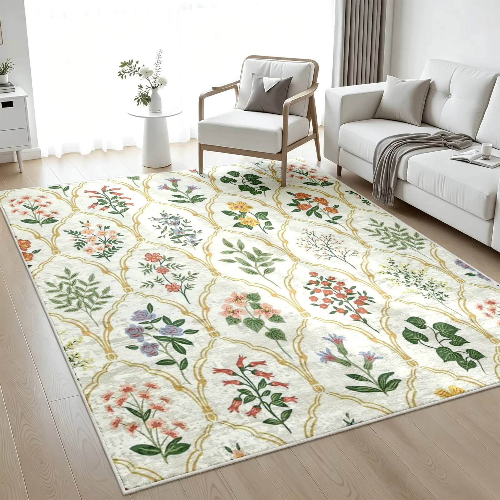 Botanical Grid Rug, Cream Base with Gold Outlined Arches and Individual Wildflower Illustrations, Non-Slip Machine Washable Carpet, Durable Soft Low Pile Mat, Rugs for Living Room Bedroom Room Decor, 8 x 10 ft Area Rugs