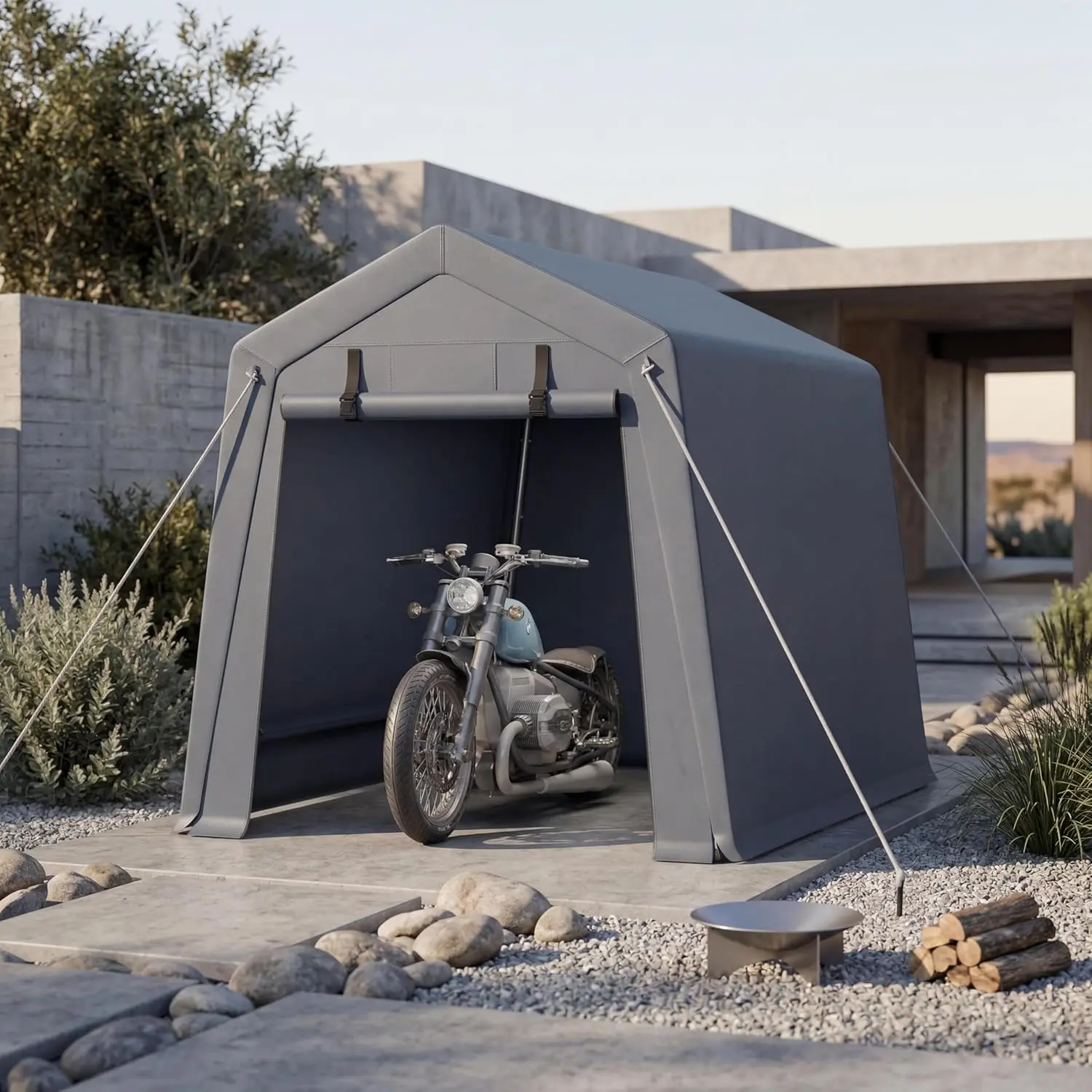 6x6FT Carport – Heavy Duty Motorcycle Shed with Waterproof PE Tarp – Portable Outdoor Storage Shed for Bikes, Motorcycles, Firewood – All-Weather Car Shelter with Roll-Up Zipper Door