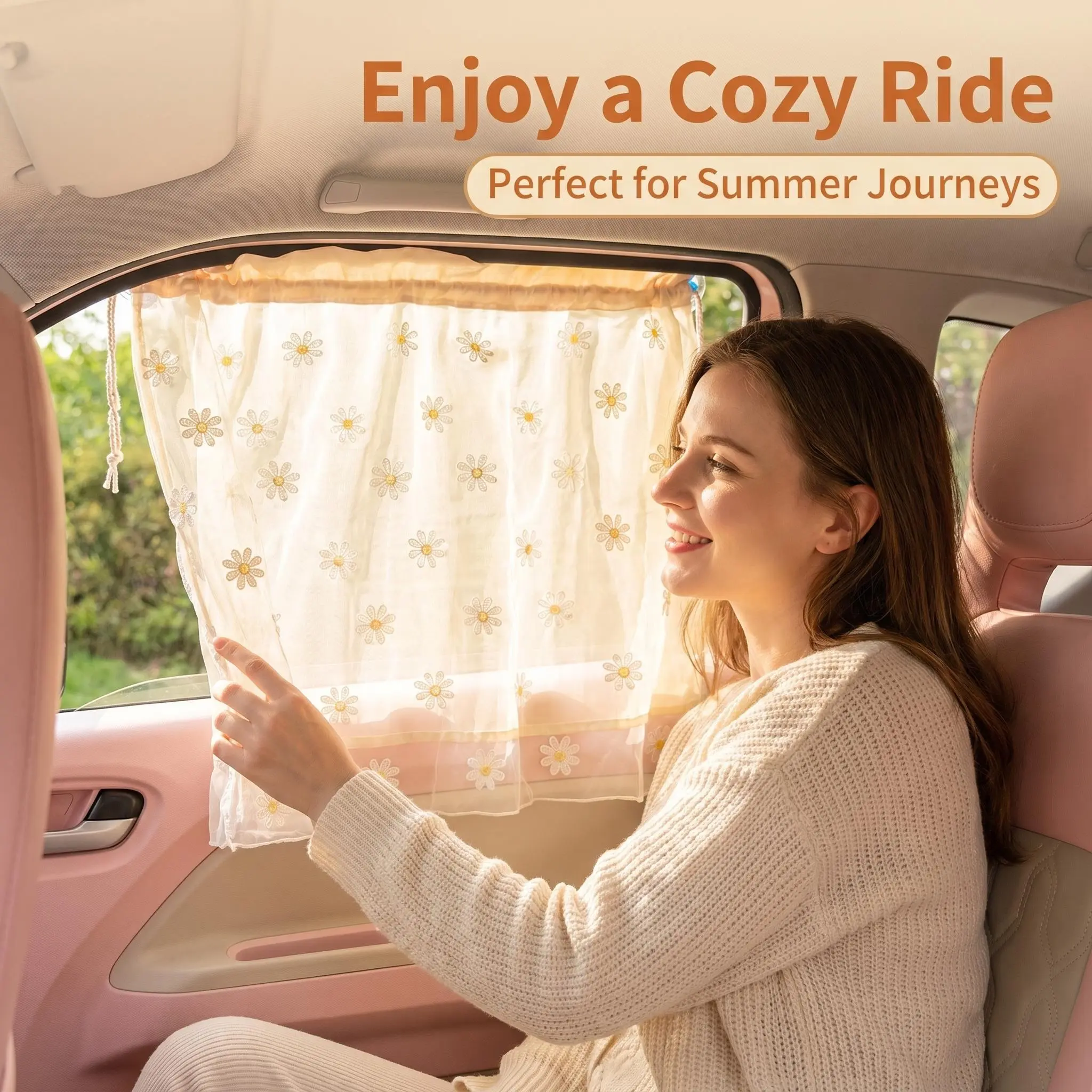 Floral Daisy Pattern Fabric Car Sun Curtains Set - 2PCS Car Interior Side Window Accessories with Sun Protection, Shade Control & Easy-Install Suction Cups for Summer Driving