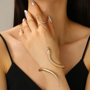 Luxury Bold Snake Shape Jewelry Set ~15.85g, Yellow Gold Adjustable Open Bangle & Matching Ring, Trendy Exaggerated Statement Accessories for Women Daily Party