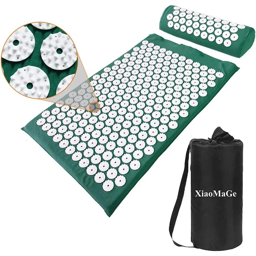 Acupressure Mat and Pillow Set with Bag - Large Size 28.7 16.5 inch Acupuncture Mat for Neck & Back Pain Relief- Naturally Relaxation Gift for Women - Stress Relief Massage Mat (Green)