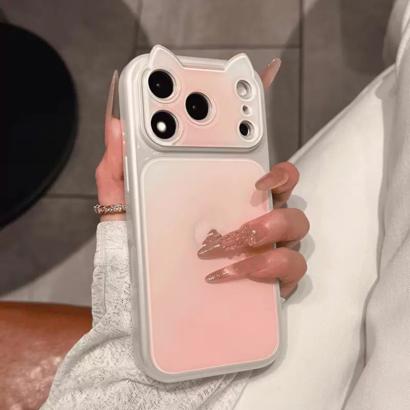 New color-blocking gradient 3D cat ear phone case for iPhone 17 Pro Max, 16 Pro, fully covered for 15/14 clear fashion gift cute minimalist pink wear-resistant silicone