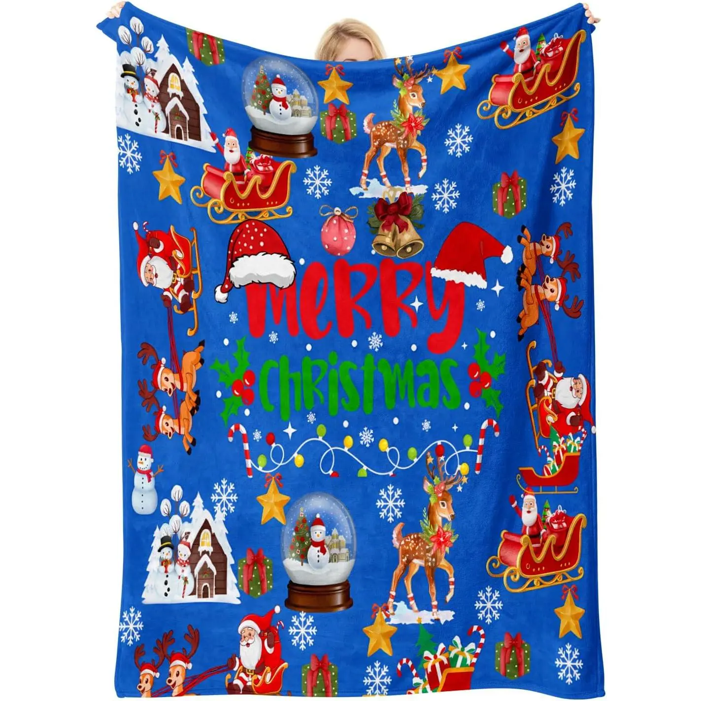 Blue Merry Christmas Fleece Throw Blanket,Santa Sleigh Reindeer Snowman Snow Globe Festive Pattern,Warm Winter Holiday Decor Blanket for Sofa Couch Bed,Perfect Christmas Gift for Family Friends Home Decoration,Home Essentials,Back To School